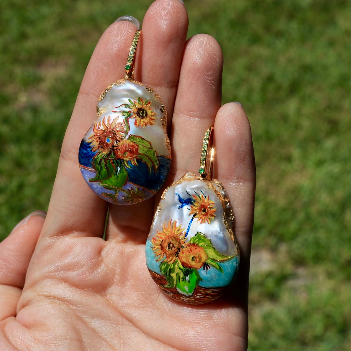 Hand-Painted Sunflowers Baroque Pearl Enhancers