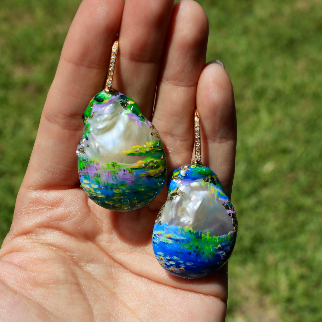 Hand-Painted Water Lilies Baroque Pearl Enhancers
