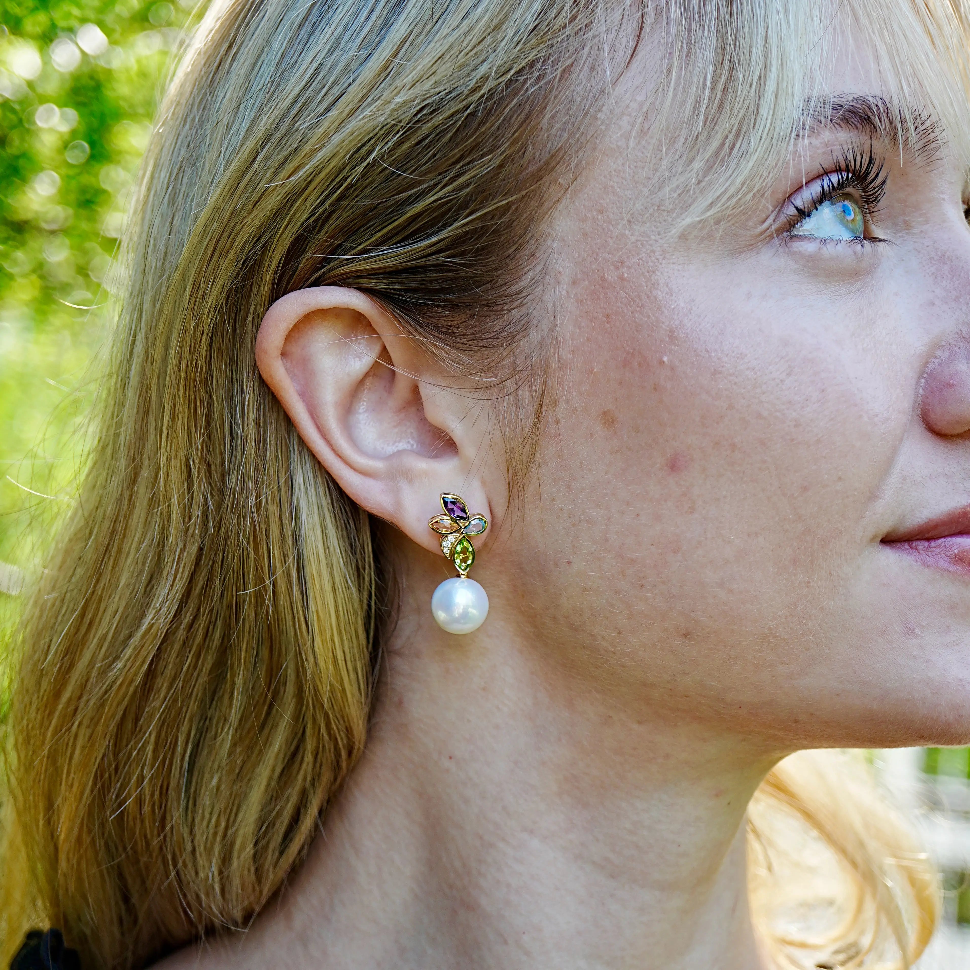 Tropical Flower Multi Natural Gemstone Diamond Cultured Pearl Convertible Drop Earrings 14k yellow gold