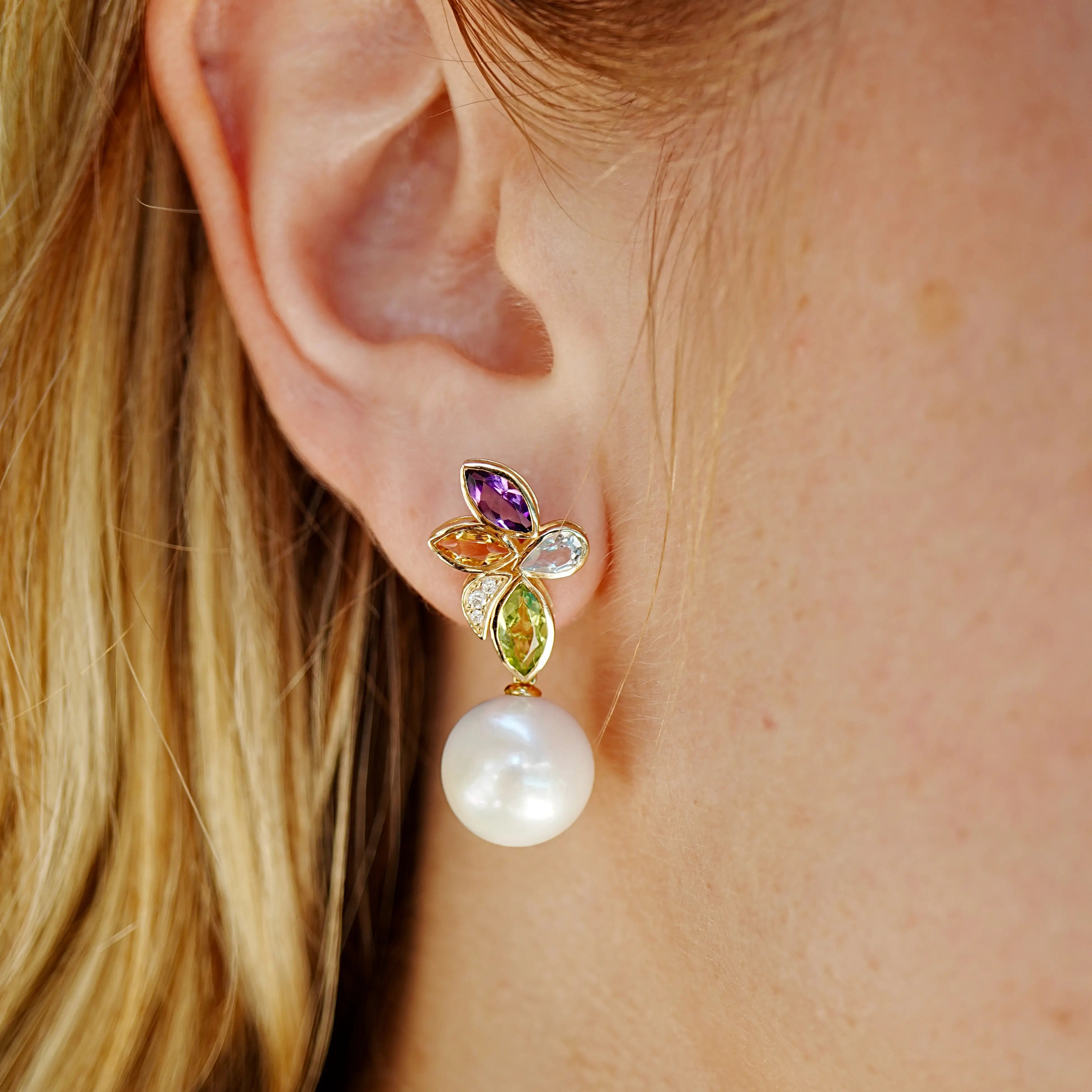 Tropical Flower Multi Natural Gemstone Diamond Cultured Pearl Convertible Drop Earrings 14k yellow gold