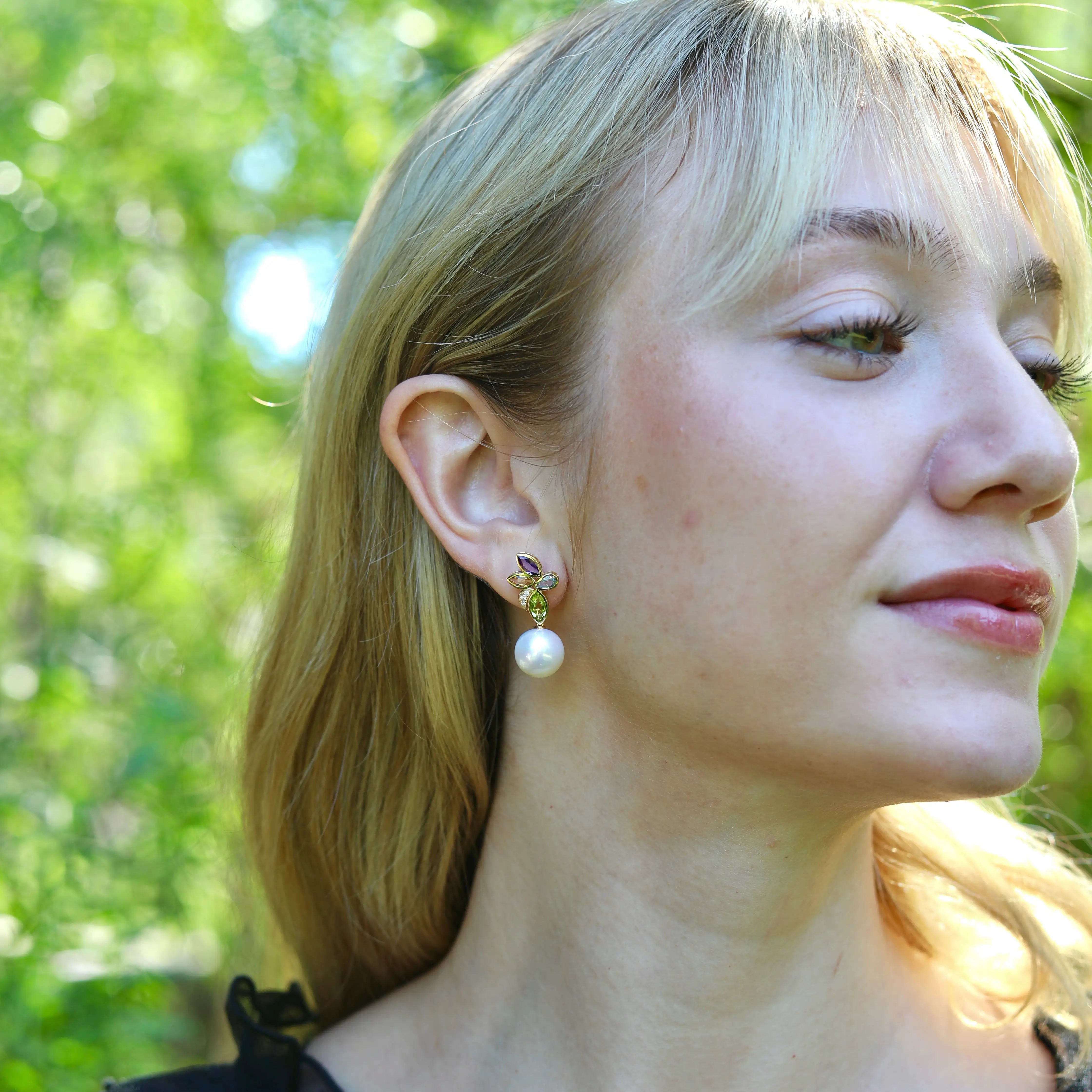 Tropical Flower Multi Natural Gemstone Diamond Cultured Pearl Convertible Drop Earrings 14k yellow gold