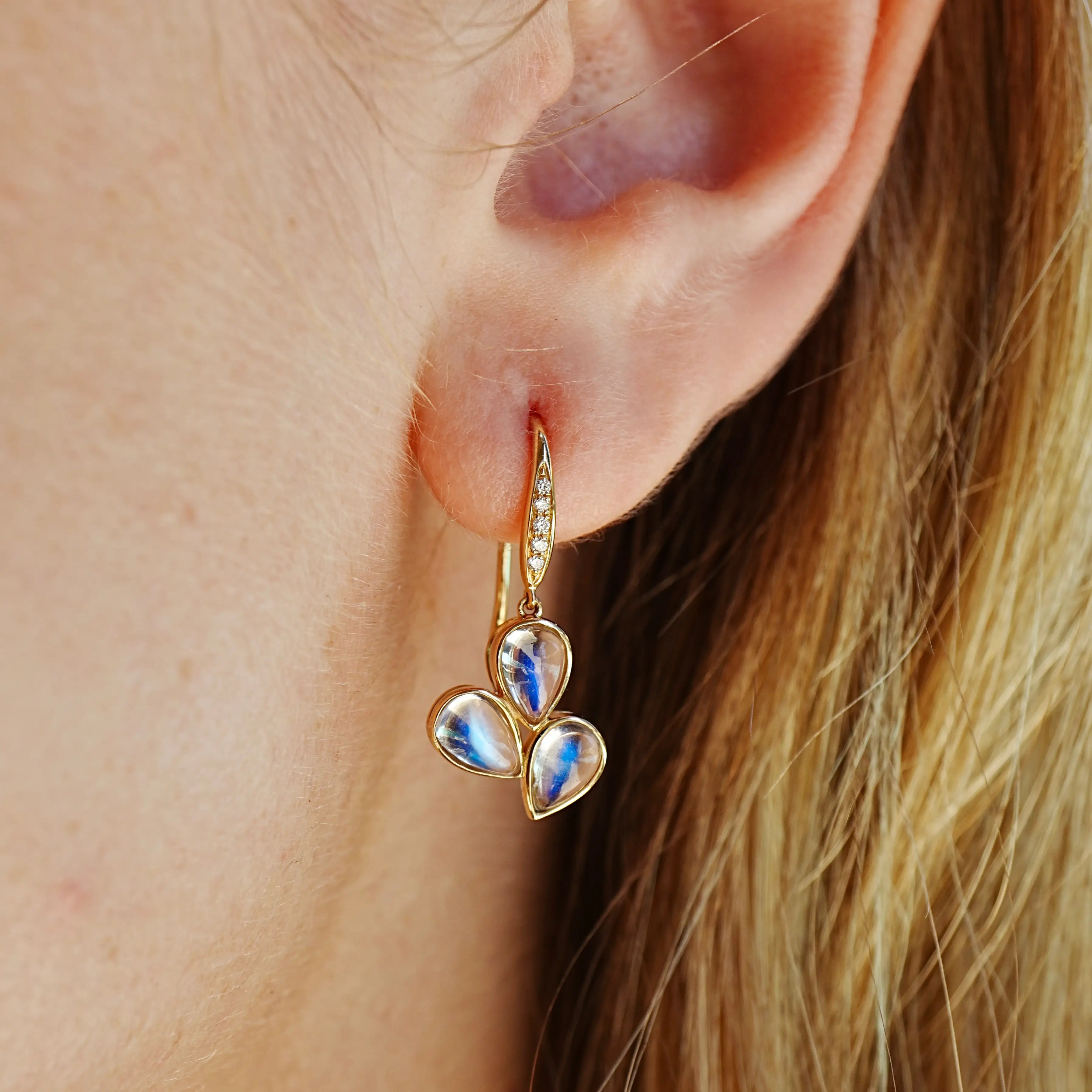 Allure Natural Rainbow Moonstone Diamond Drop Earrings 14k yellow gold