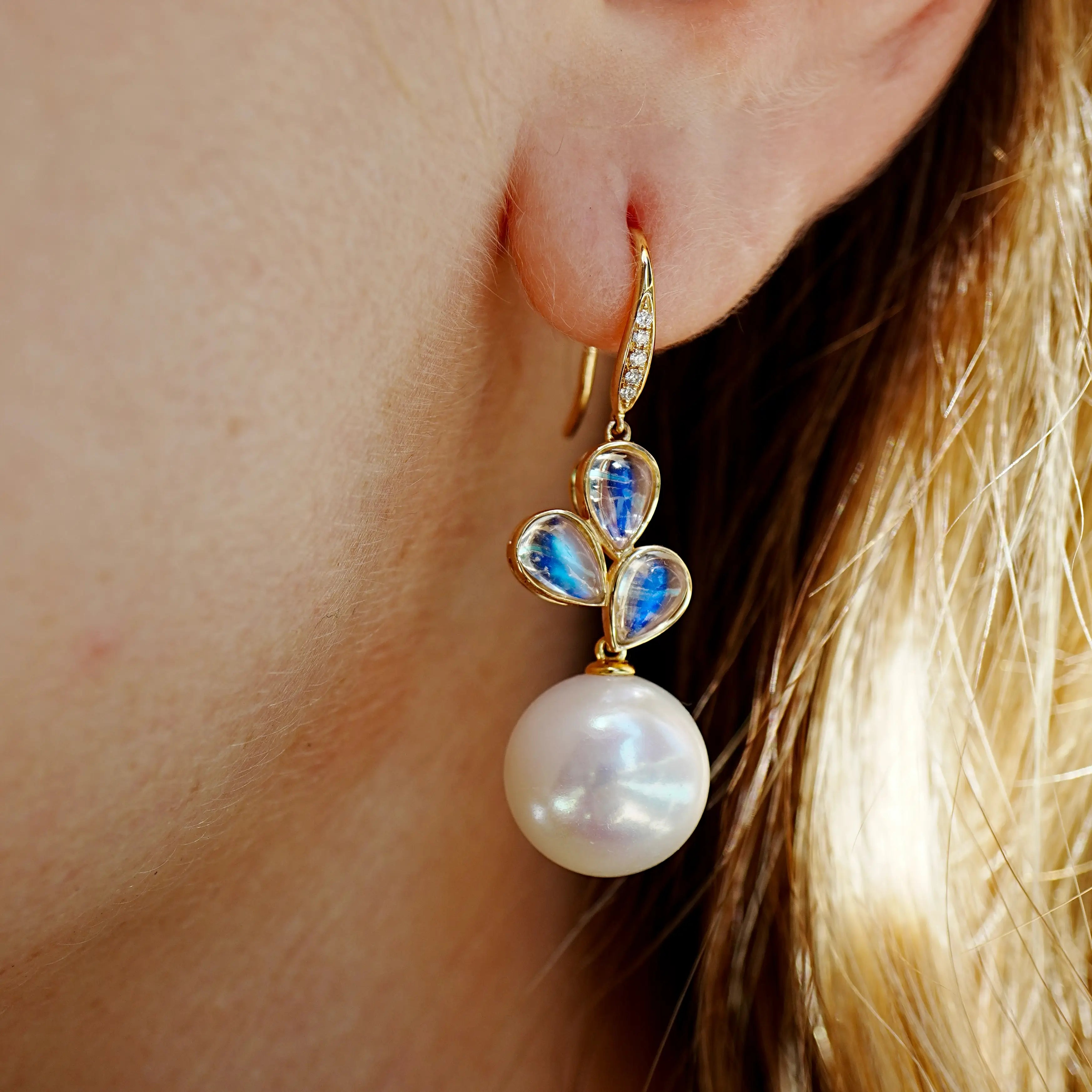 Allure Natural Rainbow Moonstone Diamond Cultured Round Pearl Convertible Drop Earrings 14k yellow gold 