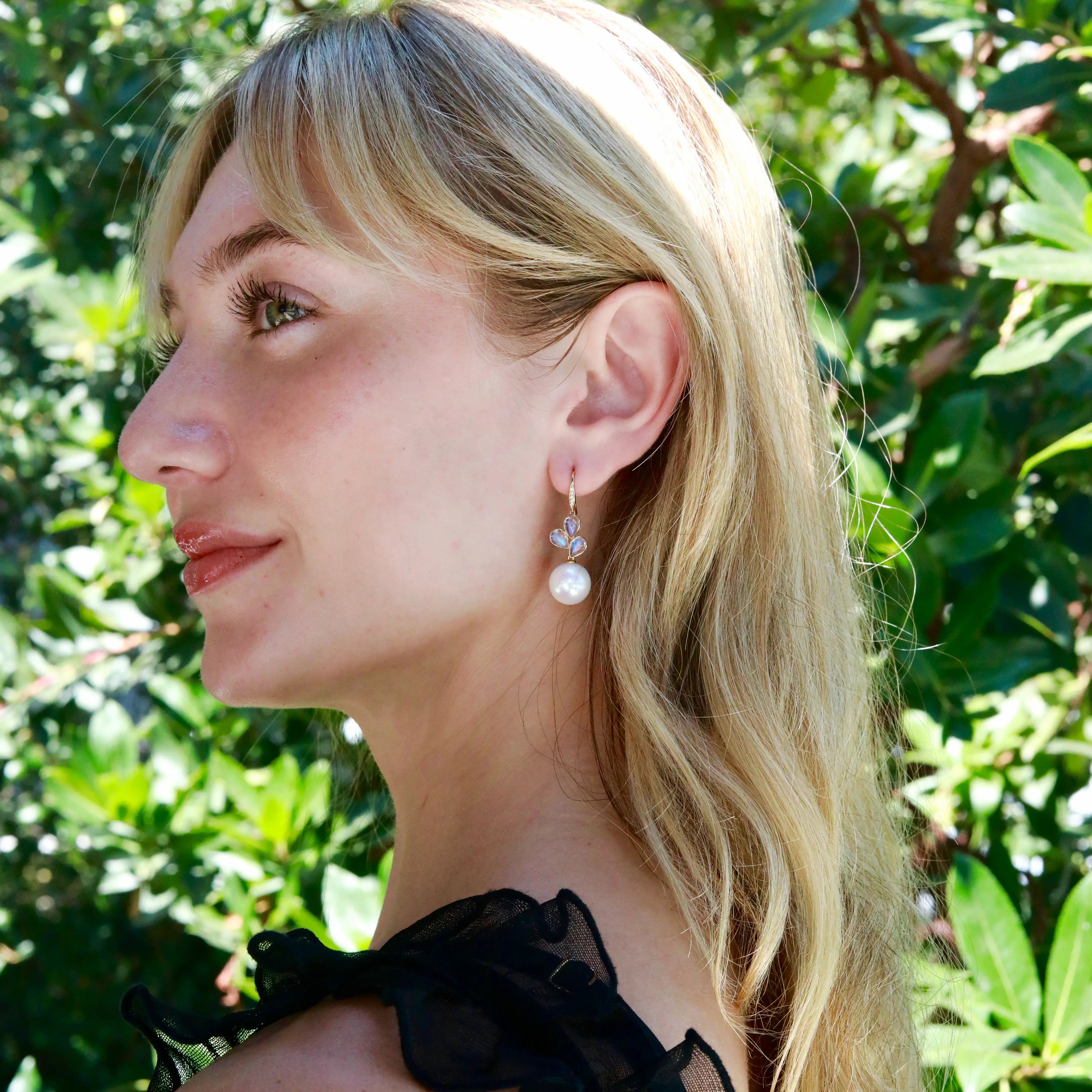 Allure Natural Rainbow Moonstone Diamond Cultured Round Pearl Convertible Drop Earrings 14k yellow gold 