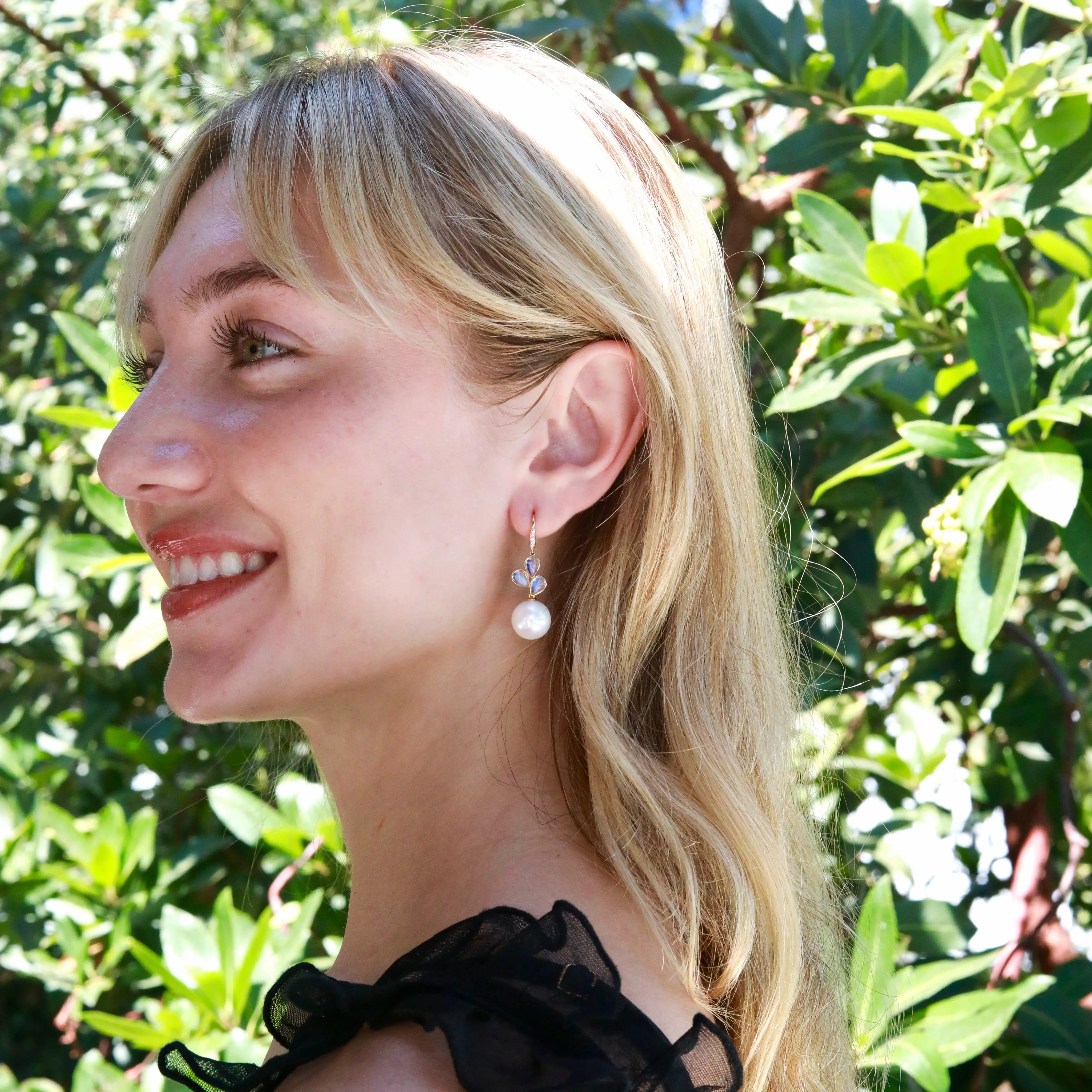 Allure Natural Rainbow Moonstone Diamond Cultured Round Pearl Convertible Drop Earrings 14k yellow gold 