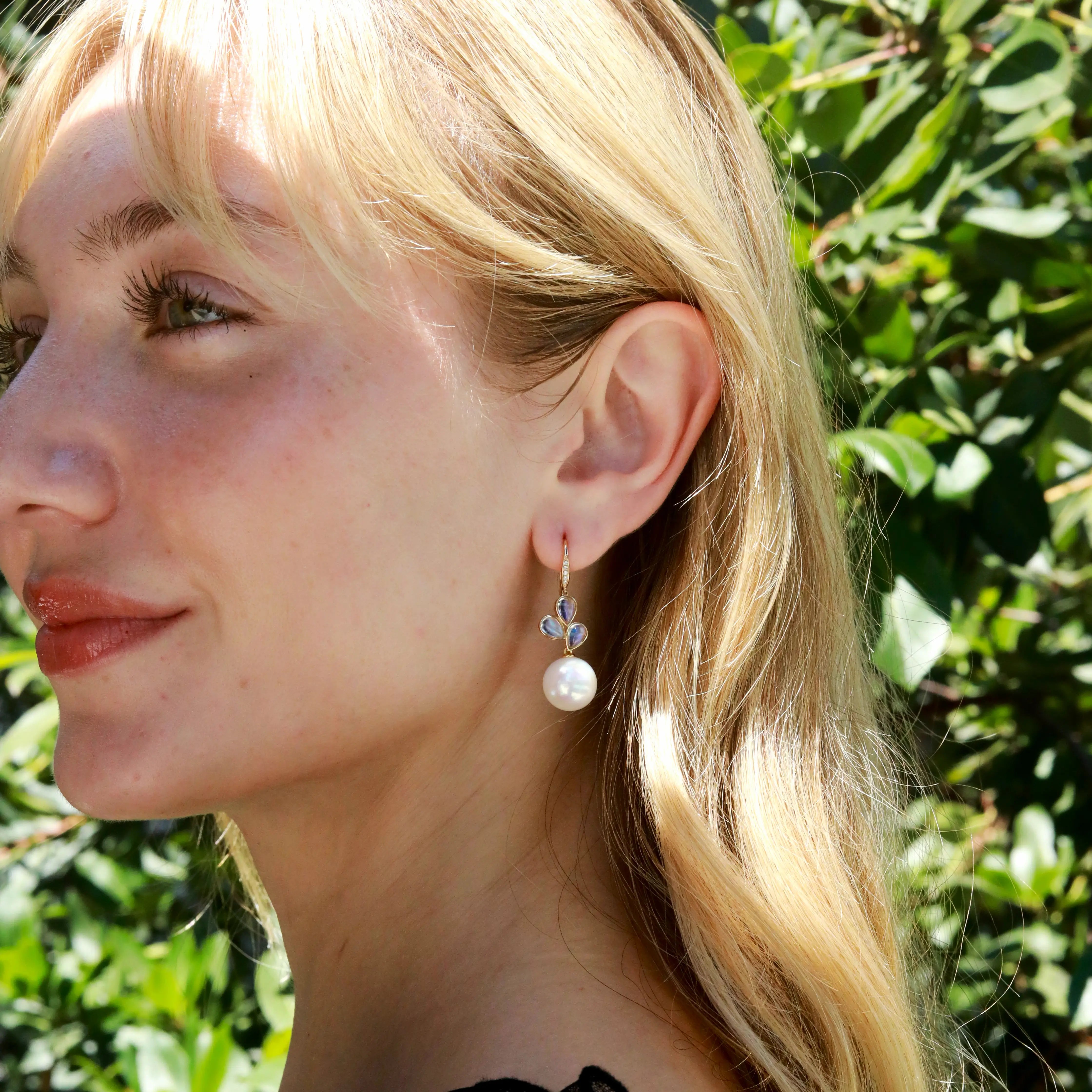 Allure Natural Rainbow Moonstone Diamond Cultured Round Pearl Convertible Drop Earrings 14k yellow gold 