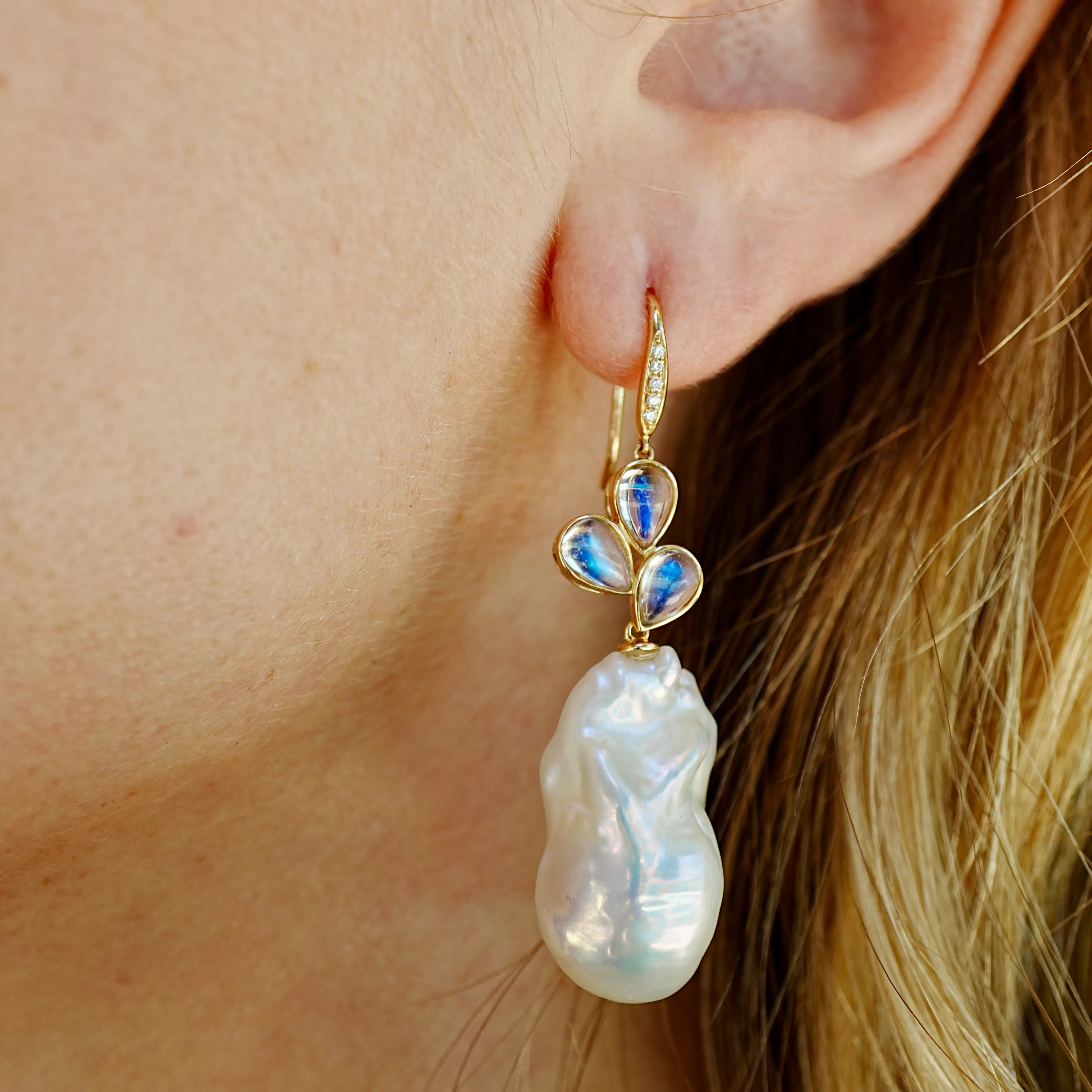 Allure Natural Rainbow Moonstone Diamond Broque Pearl Convertible Drop Earrings 14k yellow gold