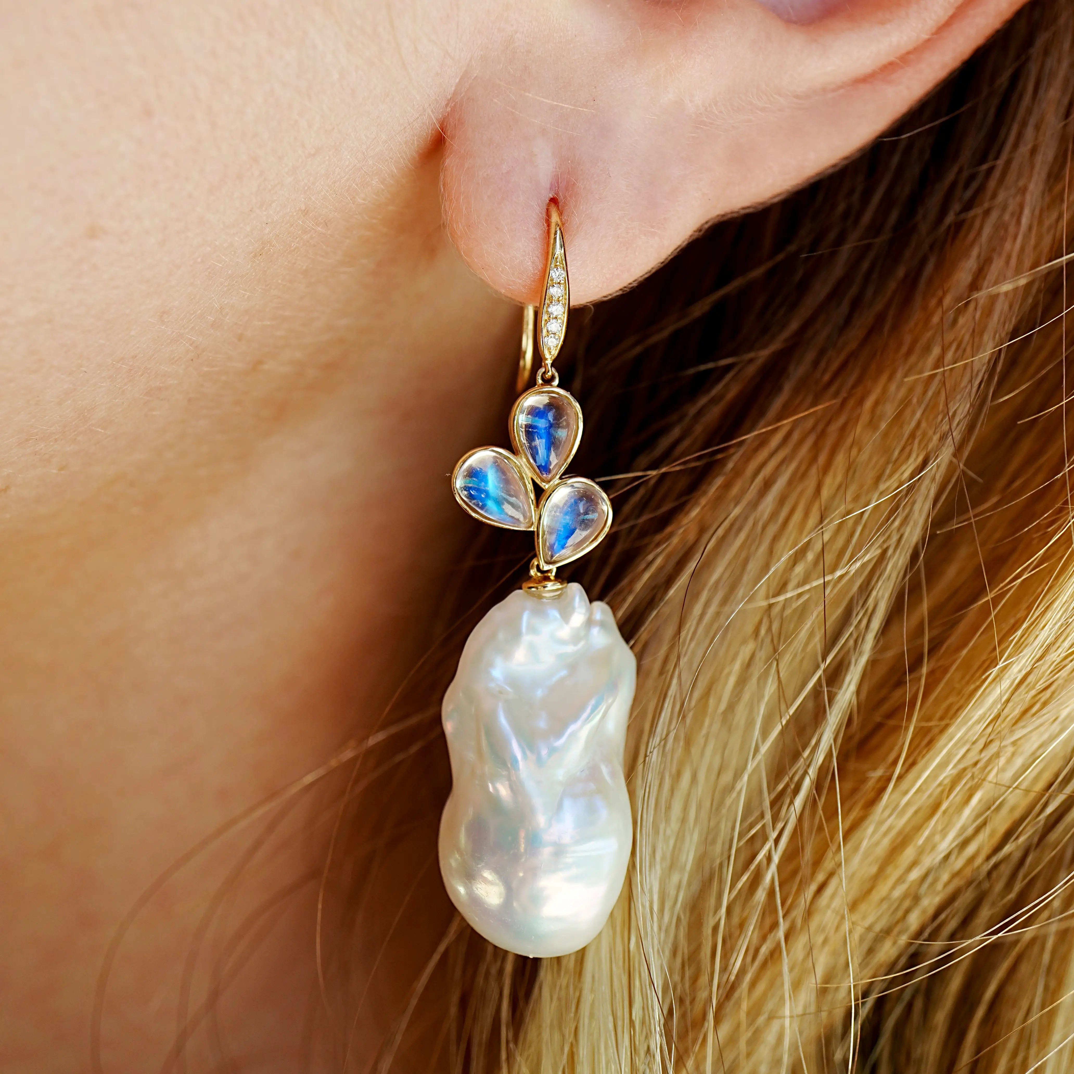 Allure Natural Rainbow Moonstone Diamond Broque Pearl Convertible Drop Earrings 14k yellow gold