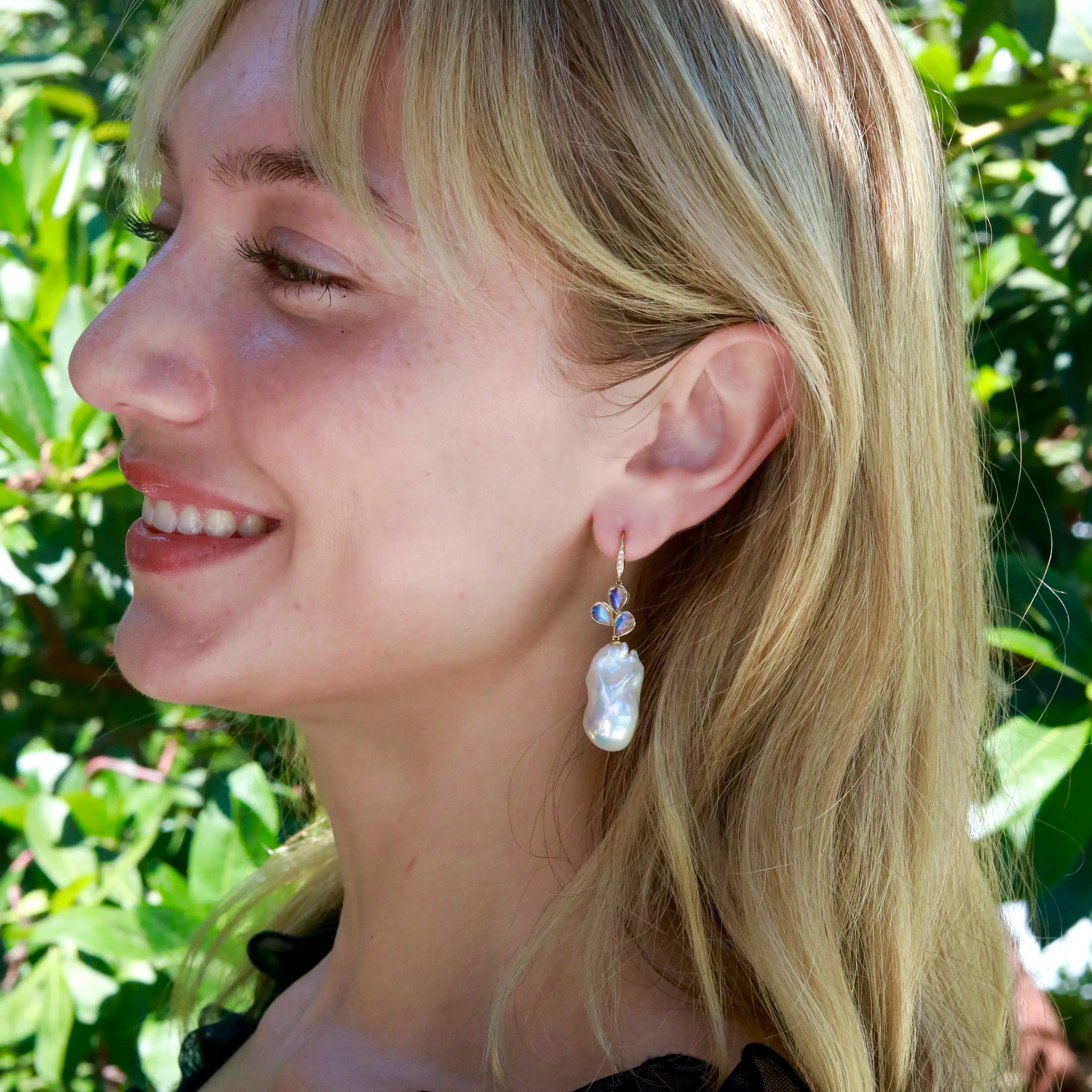 Allure Natural Rainbow Moonstone Diamond Broque Pearl Convertible Drop Earrings 14k yellow gold