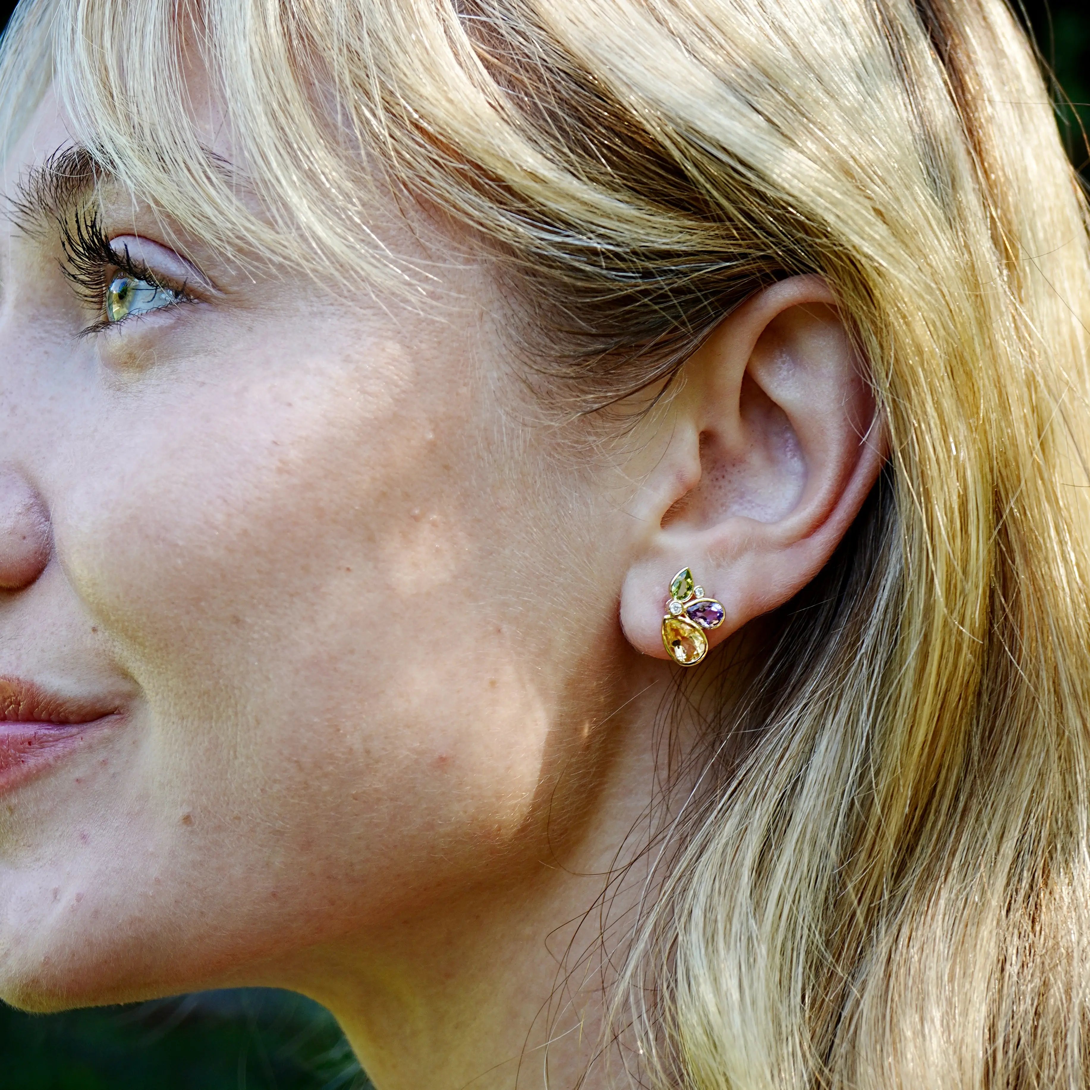 Tropical Butterfly Multi Natural Gemstone Diamond Earrings 14k yellow gold