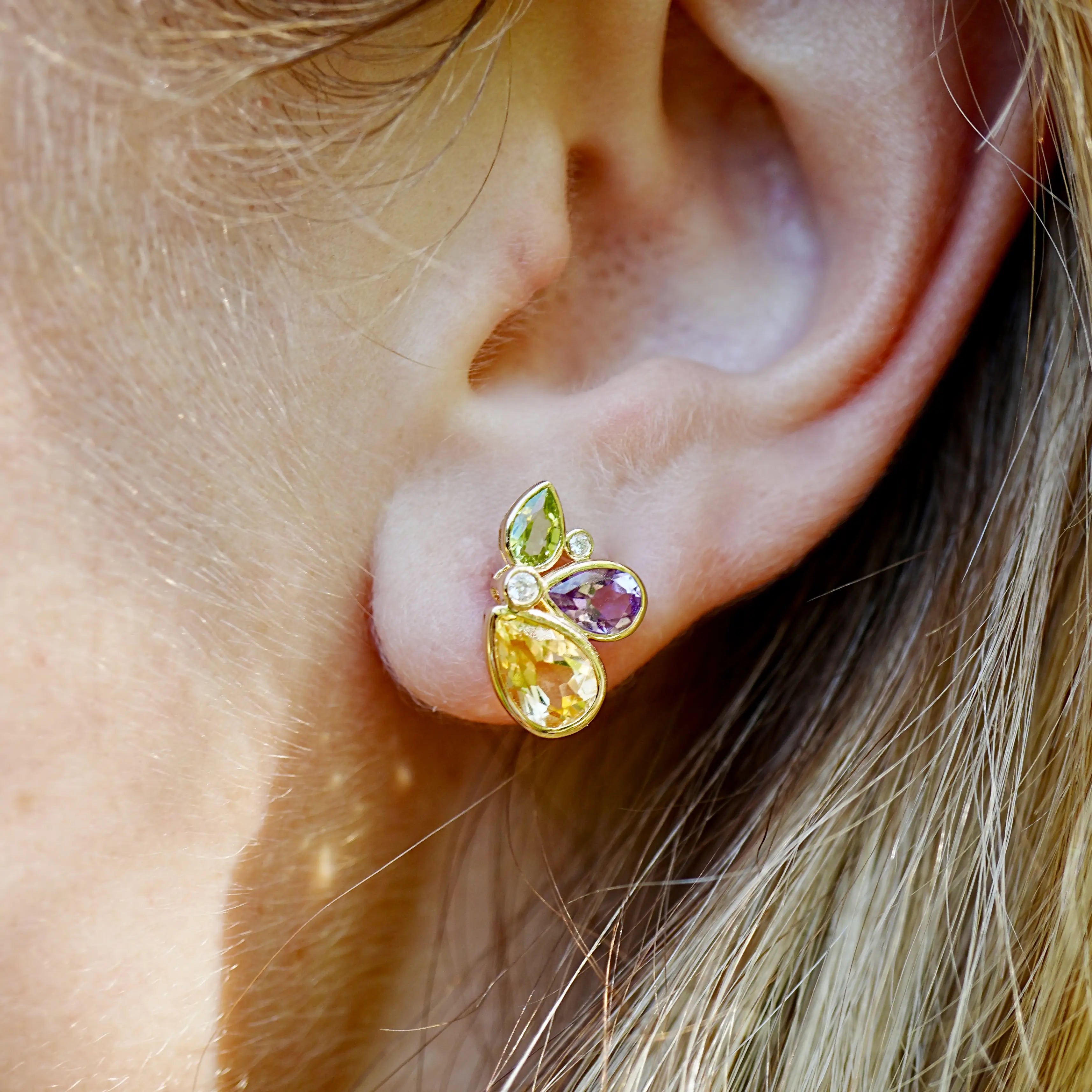 Tropical Butterfly Multi Natural Gemstone Diamond Earrings 14k yellow gold