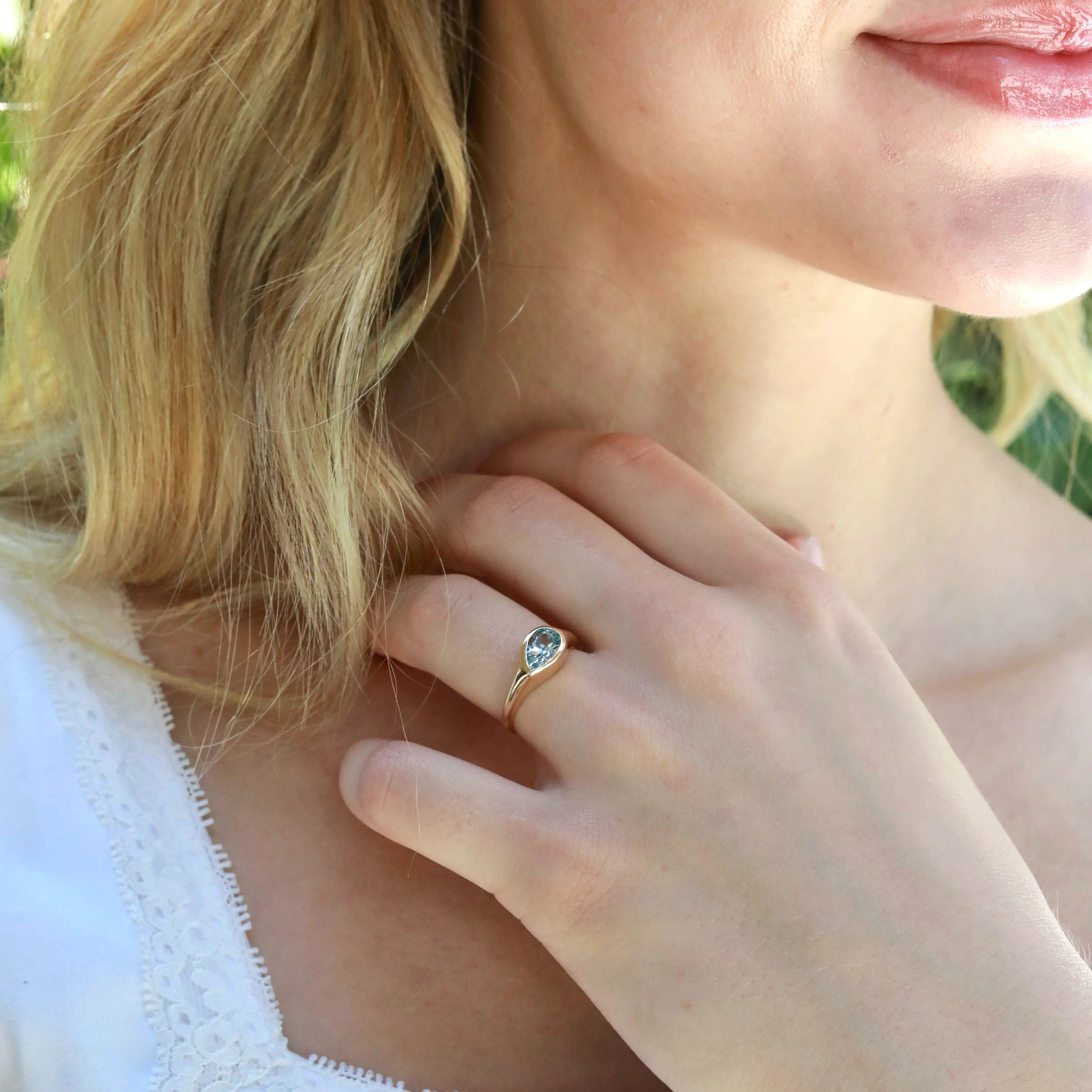 Gloria Pear Natural Aquamarine Diamond Ring 14k yellow gold