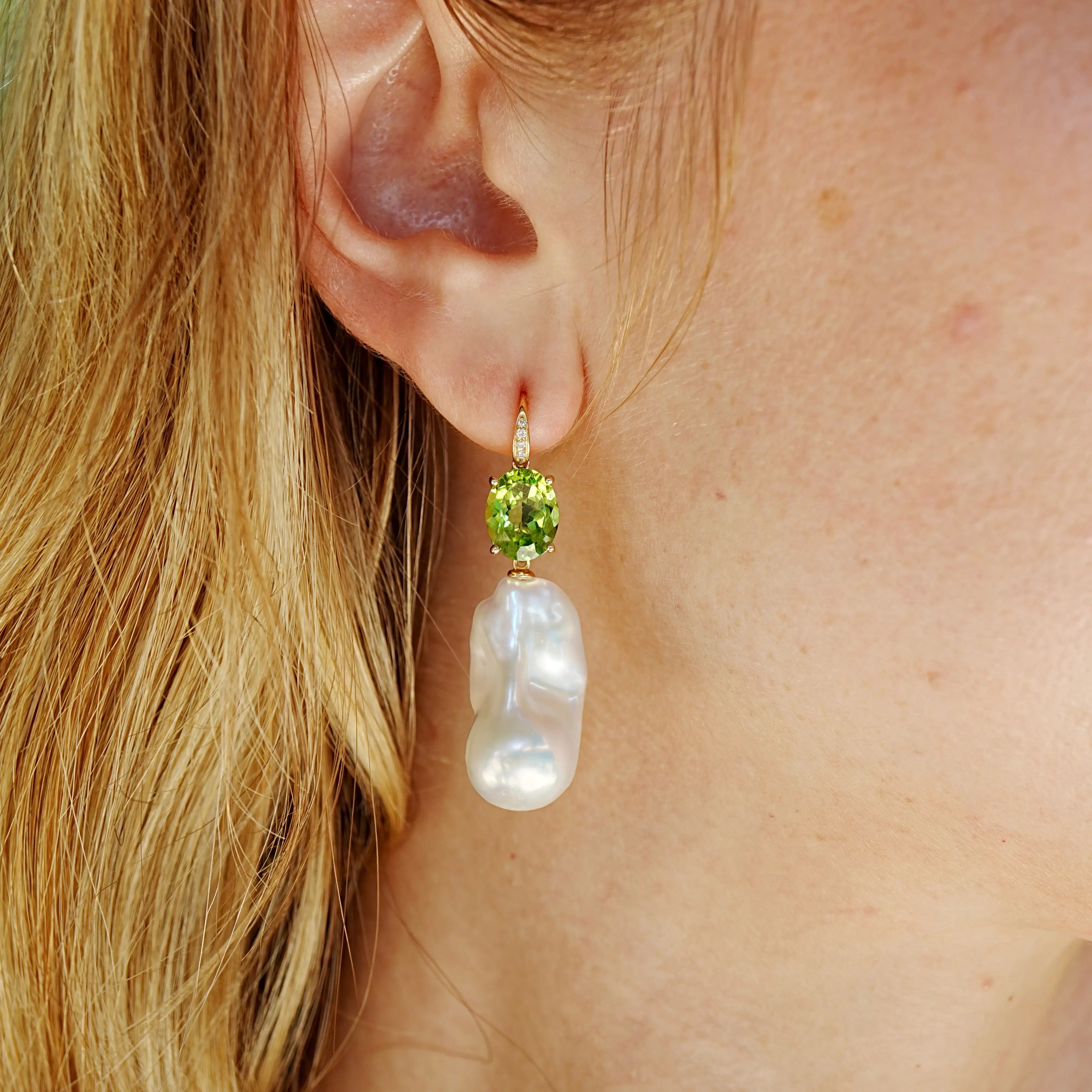 Radiant Oval Natural Peridot Diamond Baroque Pearl Convertible Drop Earrings 14k yellow gold