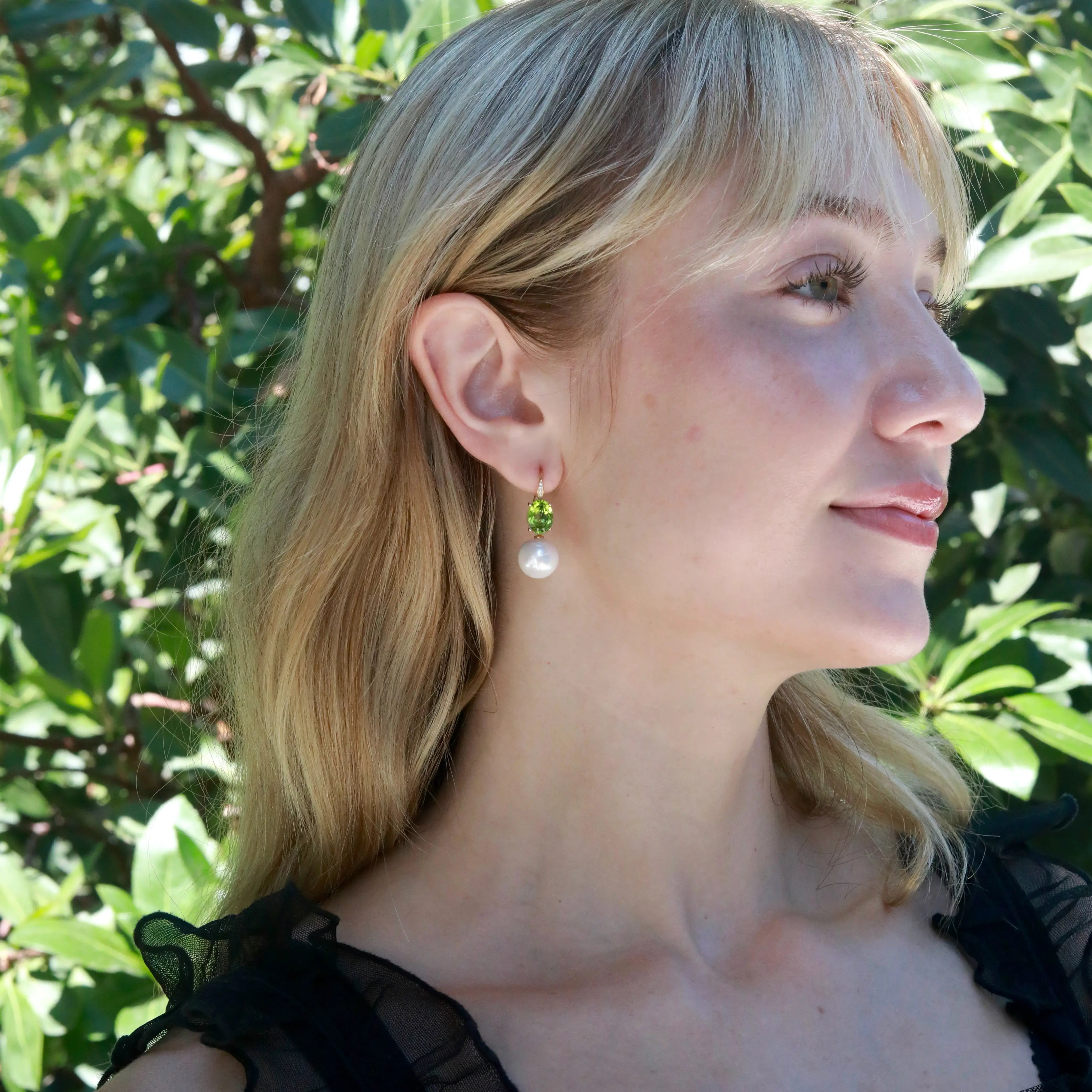 Radiant Oval Peridot Diamond Pearl Convertible Drop Earrings