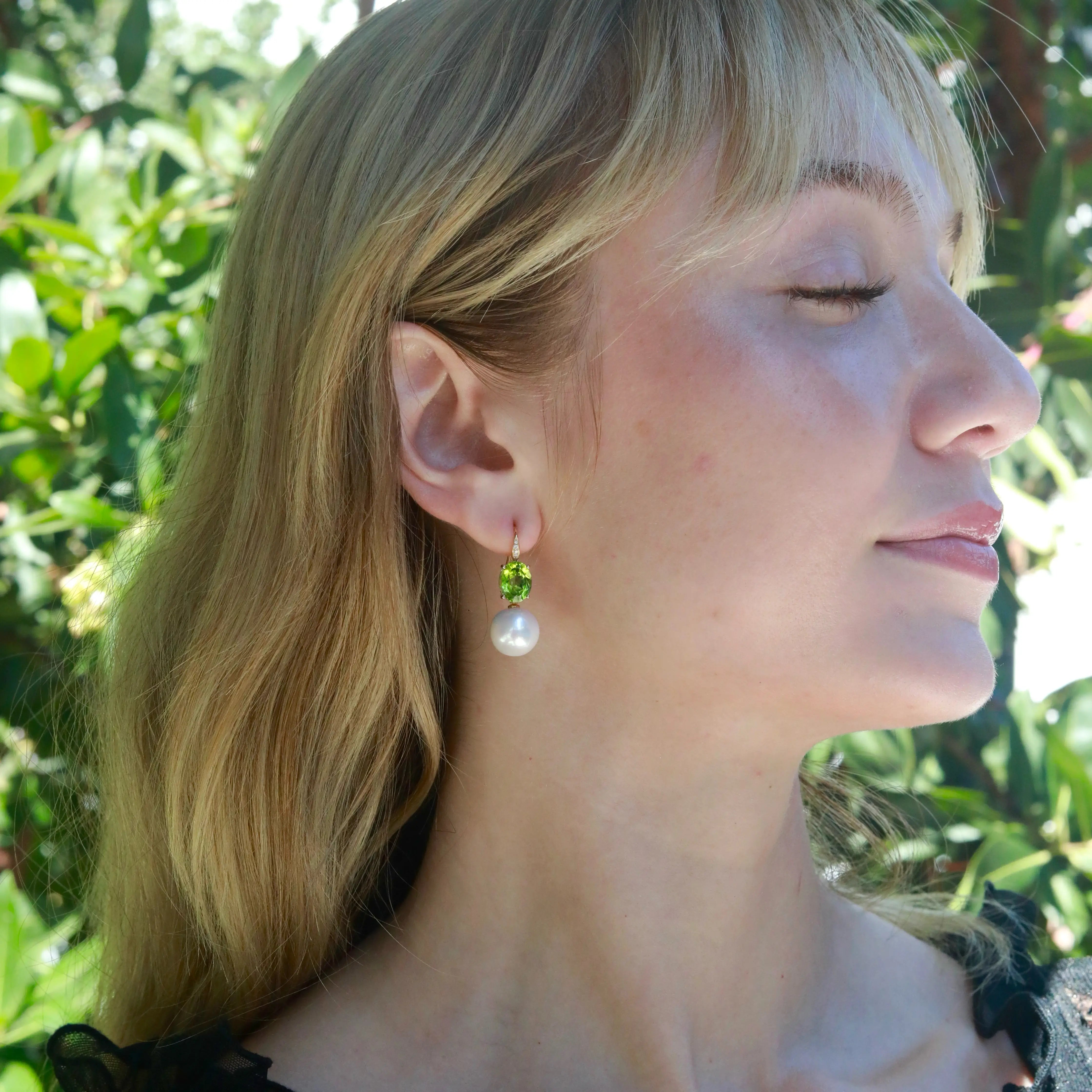Radiant Oval Peridot Diamond Pearl Convertible Drop Earrings