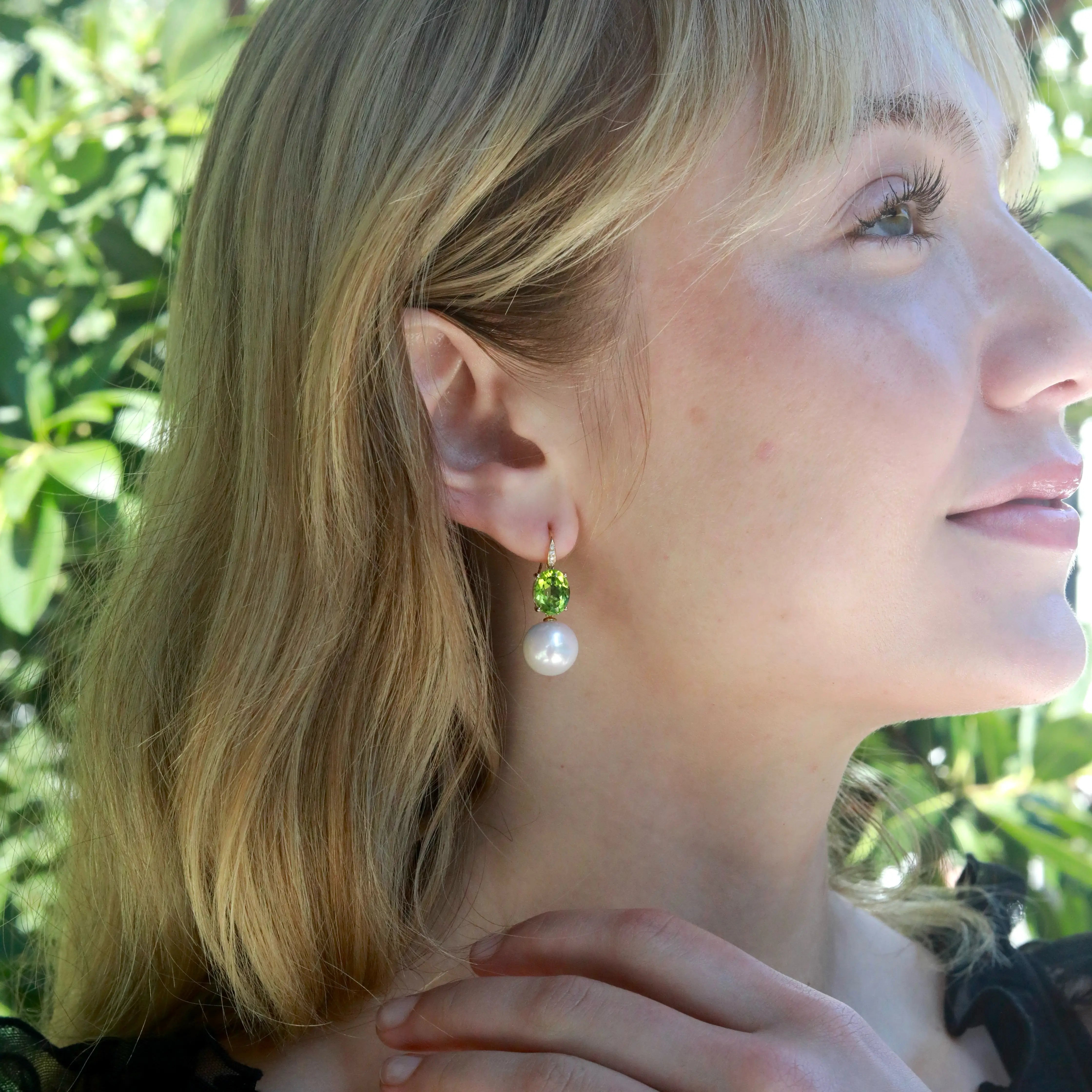 Radiant Oval Peridot Diamond Pearl Convertible Drop Earrings