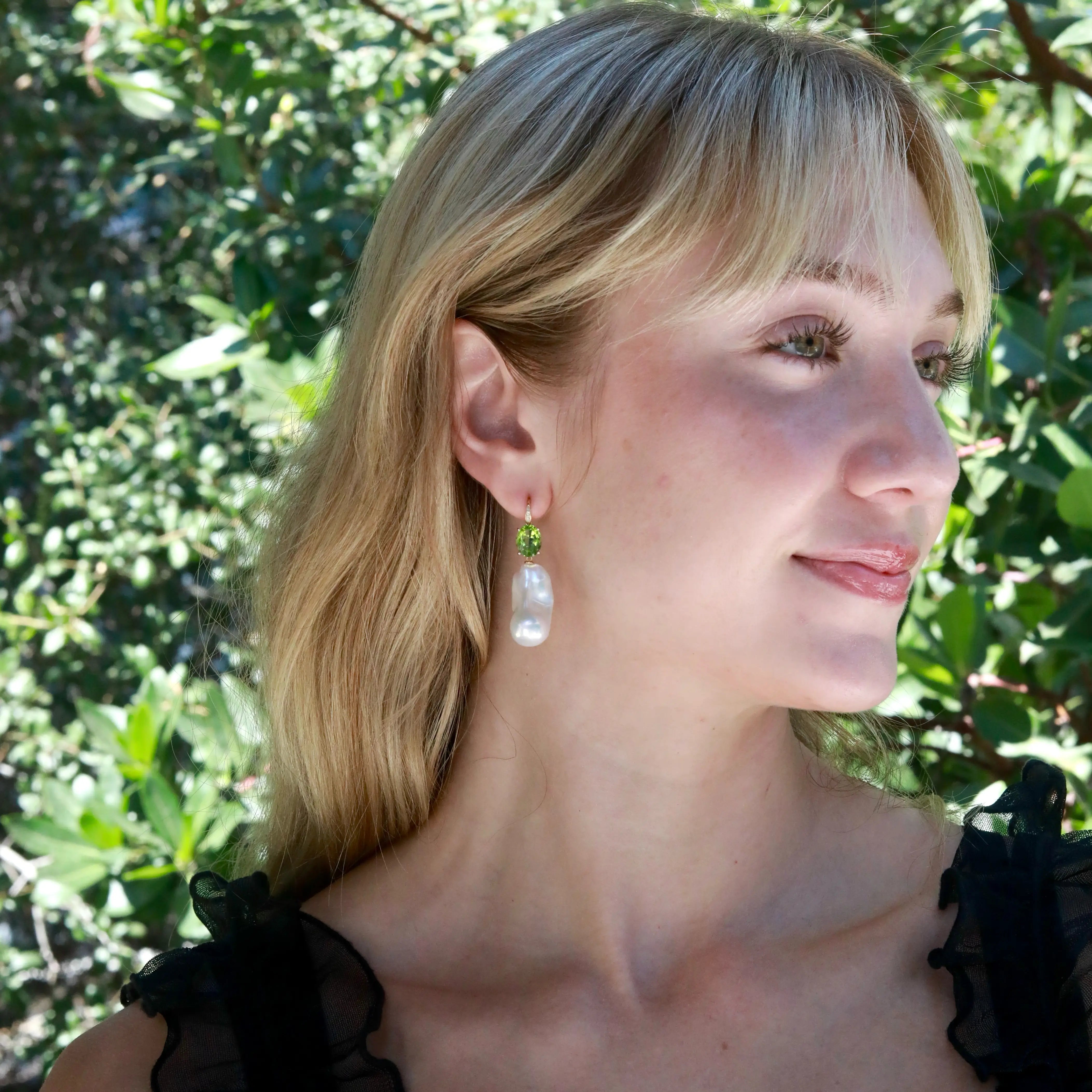 Radiant Oval Natural Peridot Diamond Baroque Pearl Convertible Drop Earrings 14k yellow gold