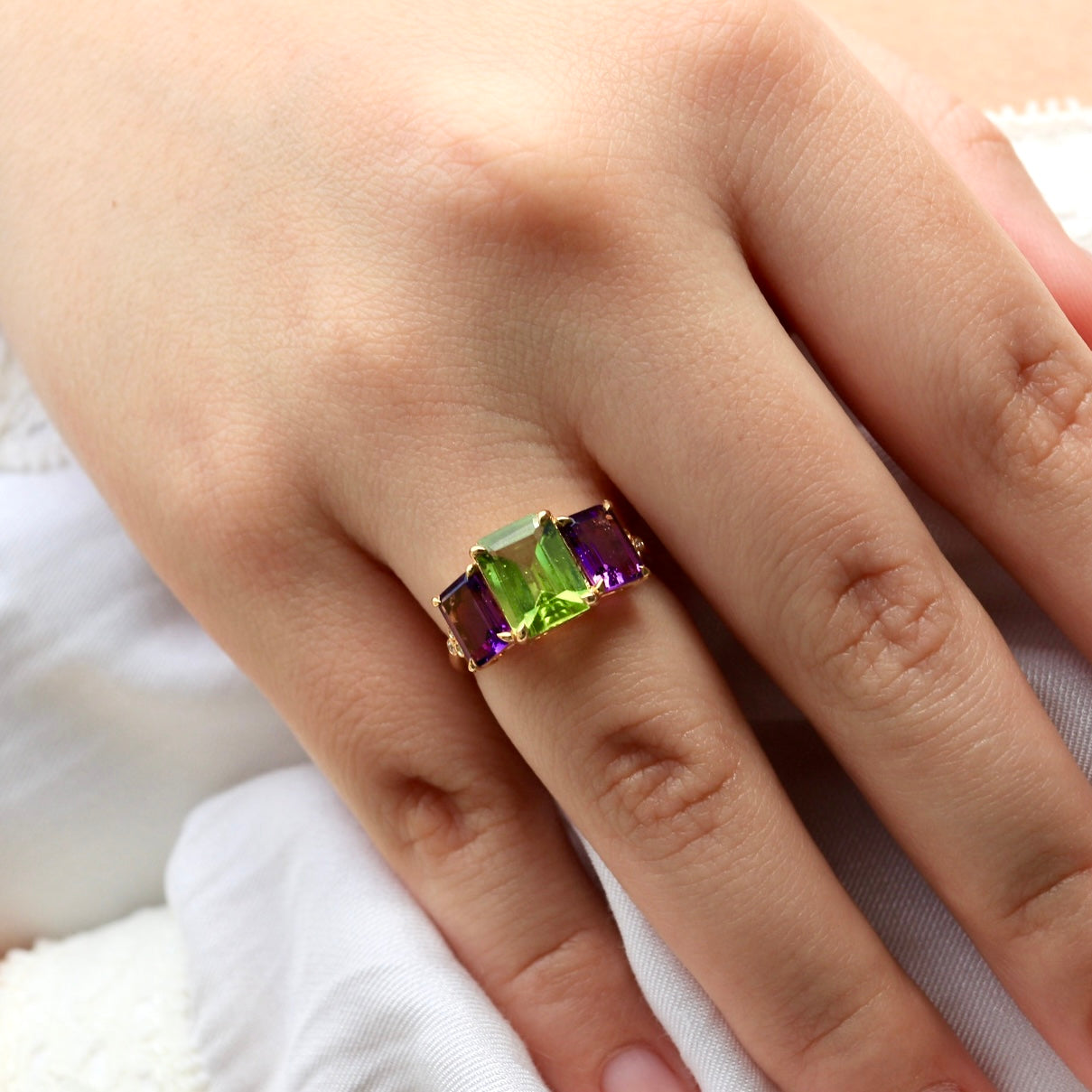 Fortune Peridot Amethyst Diamond Three-Stone Ring