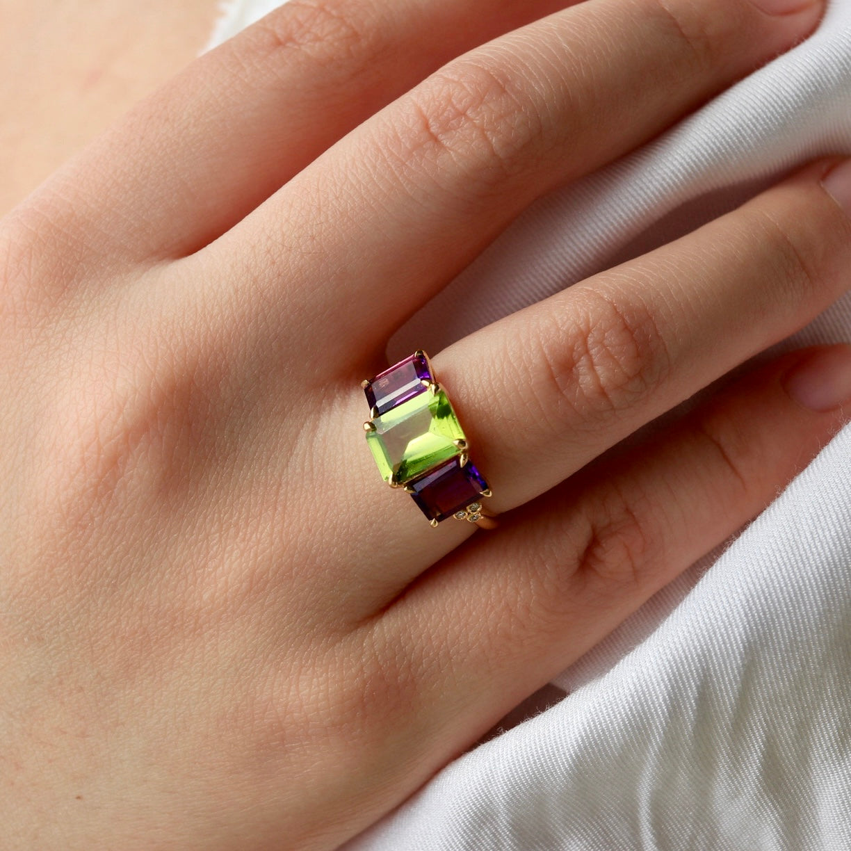 Fortune Peridot Amethyst Diamond Three-Stone Ring