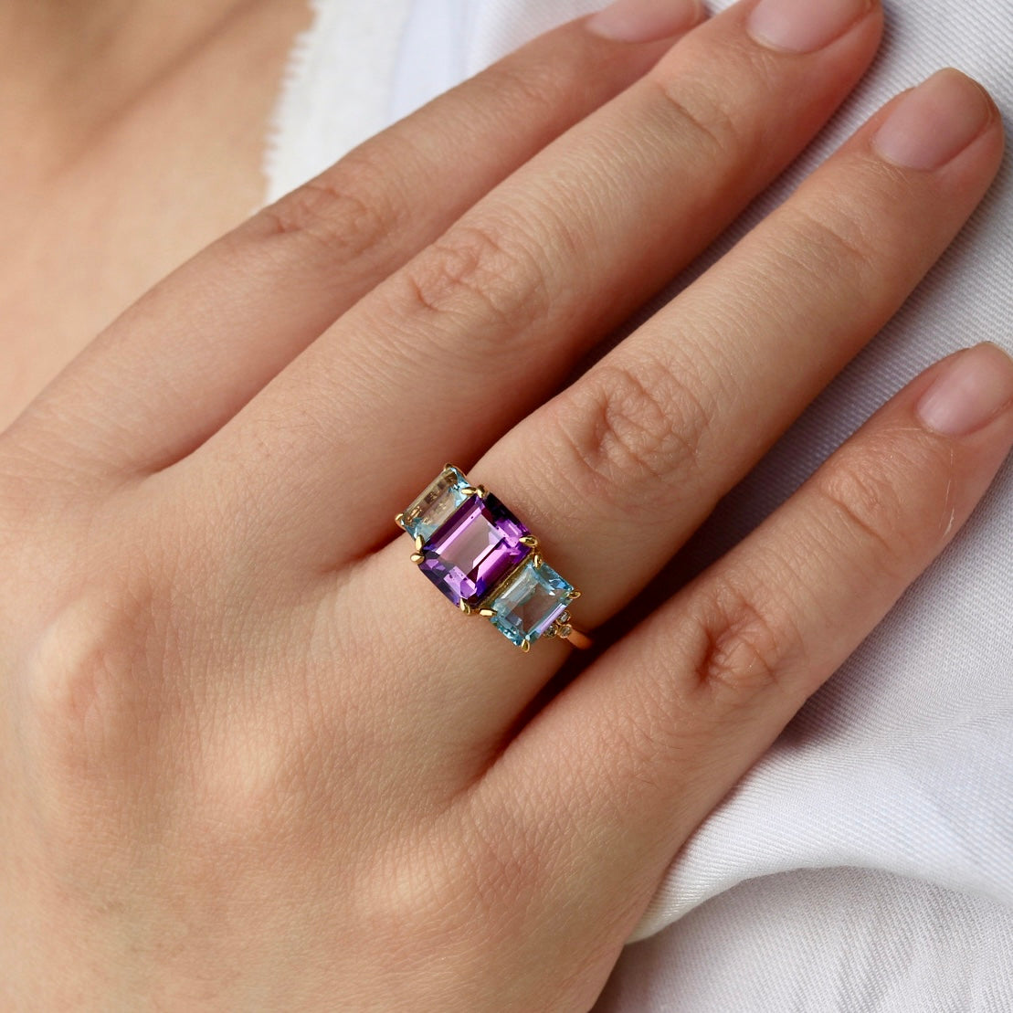 Fortune Amethyst Topaz Diamond Three-Stone Ring