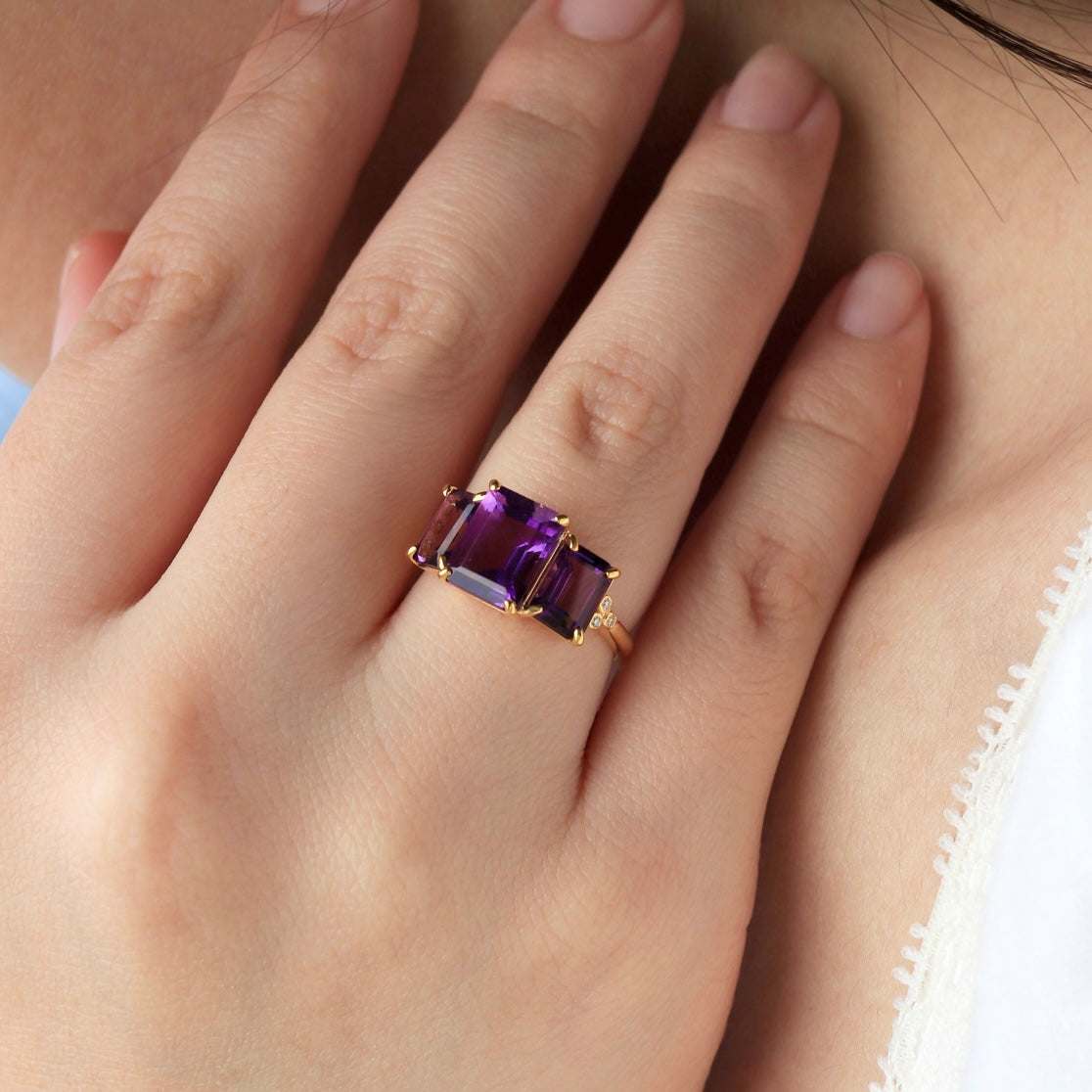 Fortune Amethyst Diamond Three-Stone Ring