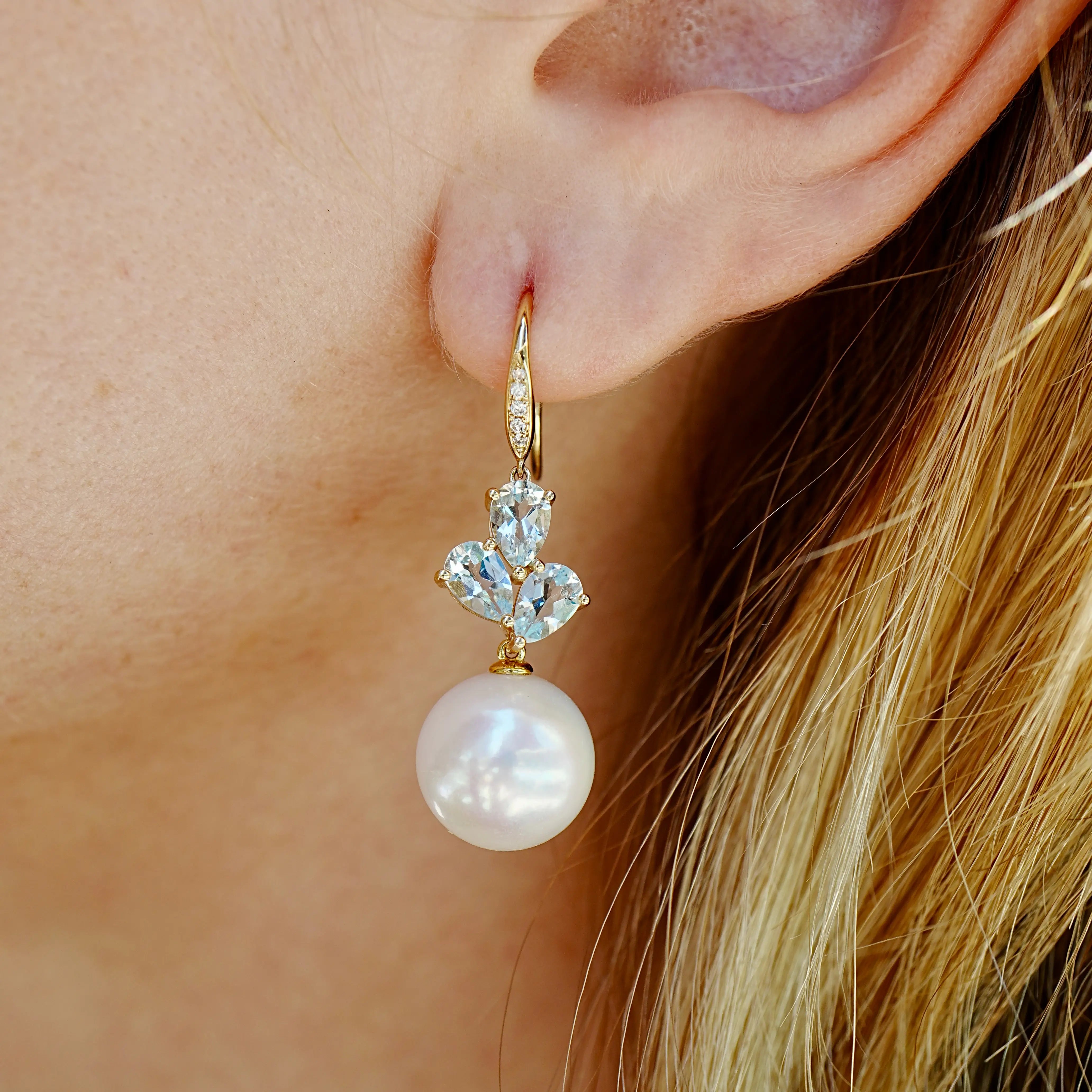 Allure Natural Aquamarine Diamond Round Pearl Convertible Drop Earrings 14k yellow gold