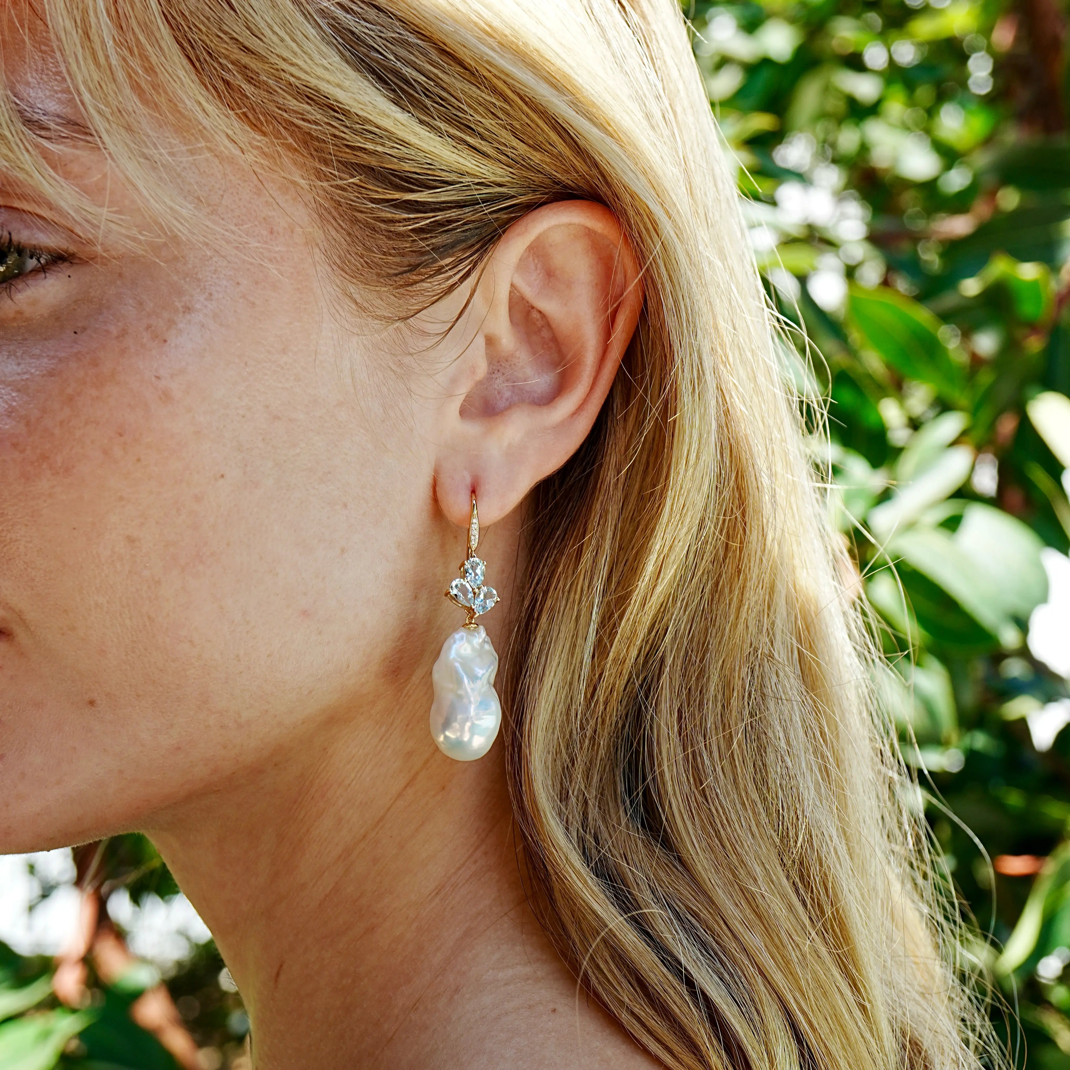 Allure Natural Aquamarine Diamond Broque Pearl Convertible Drop Earrings 14k yellow gold
