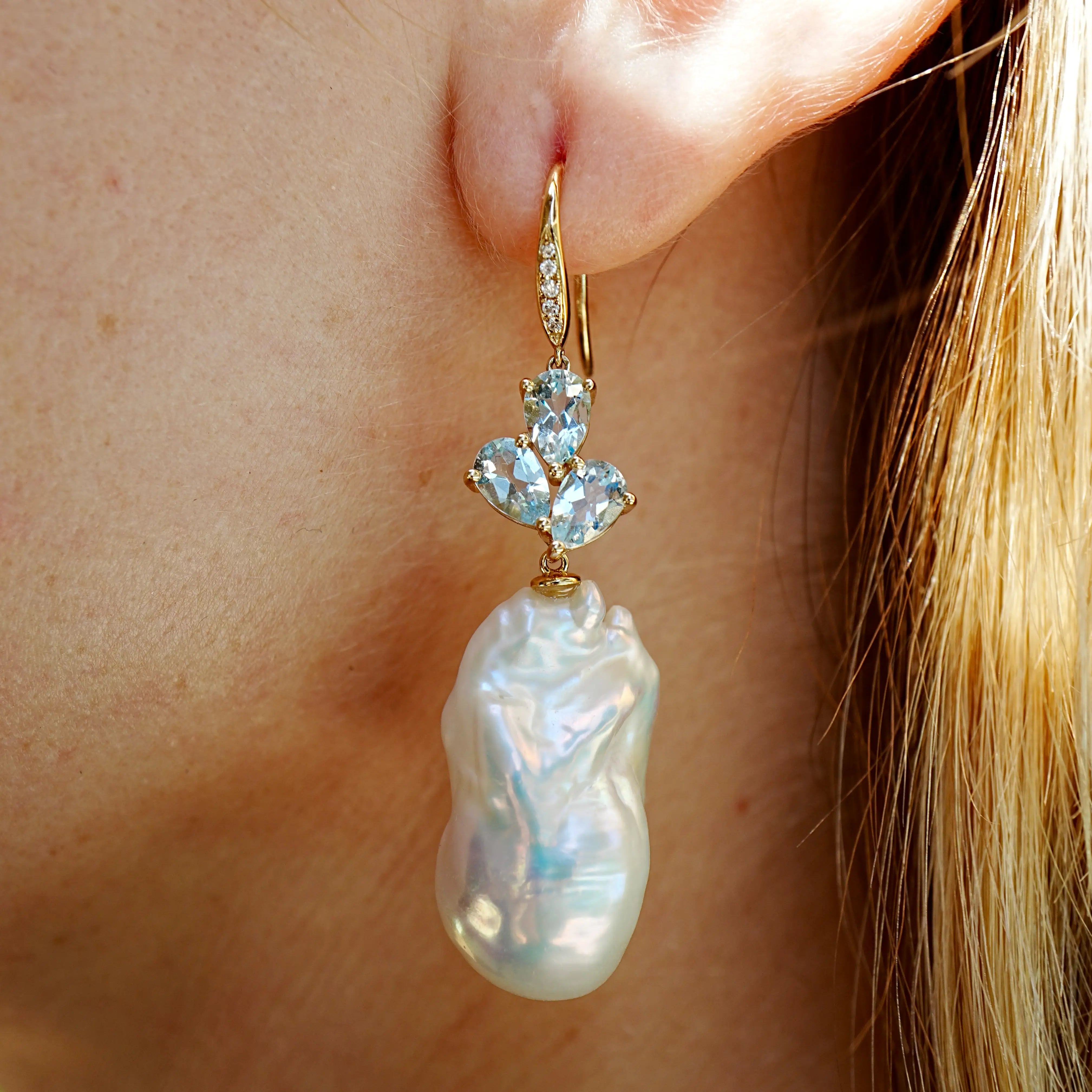 Allure Natural Aquamarine Diamond Broque Pearl Convertible Drop Earrings 14k yellow gold