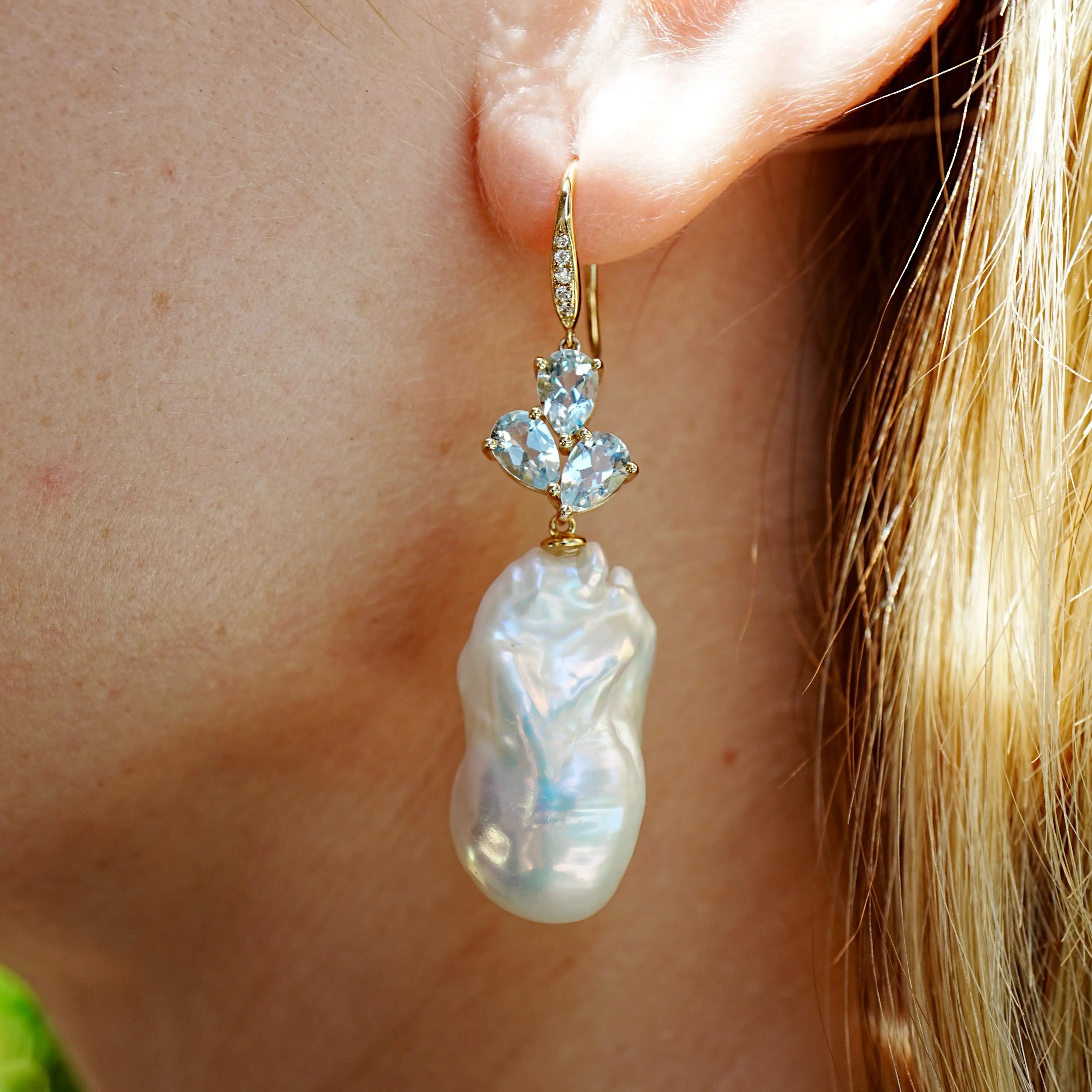 Allure Natural Aquamarine Diamond Broque Pearl Convertible Drop Earrings 14k yellow gold