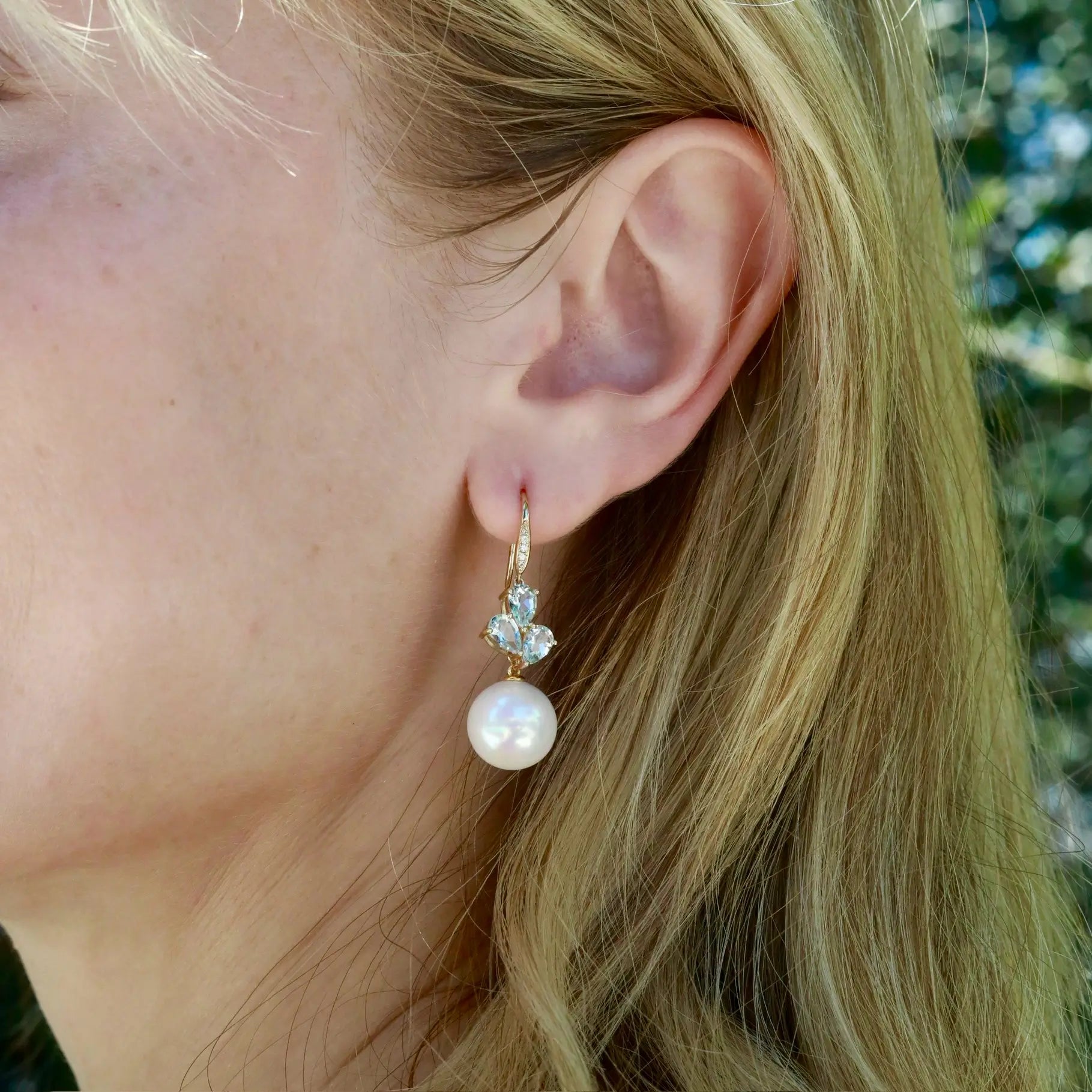 Allure Natural Aquamarine Diamond Round Pearl Convertible Drop Earrings 14k yellow gold