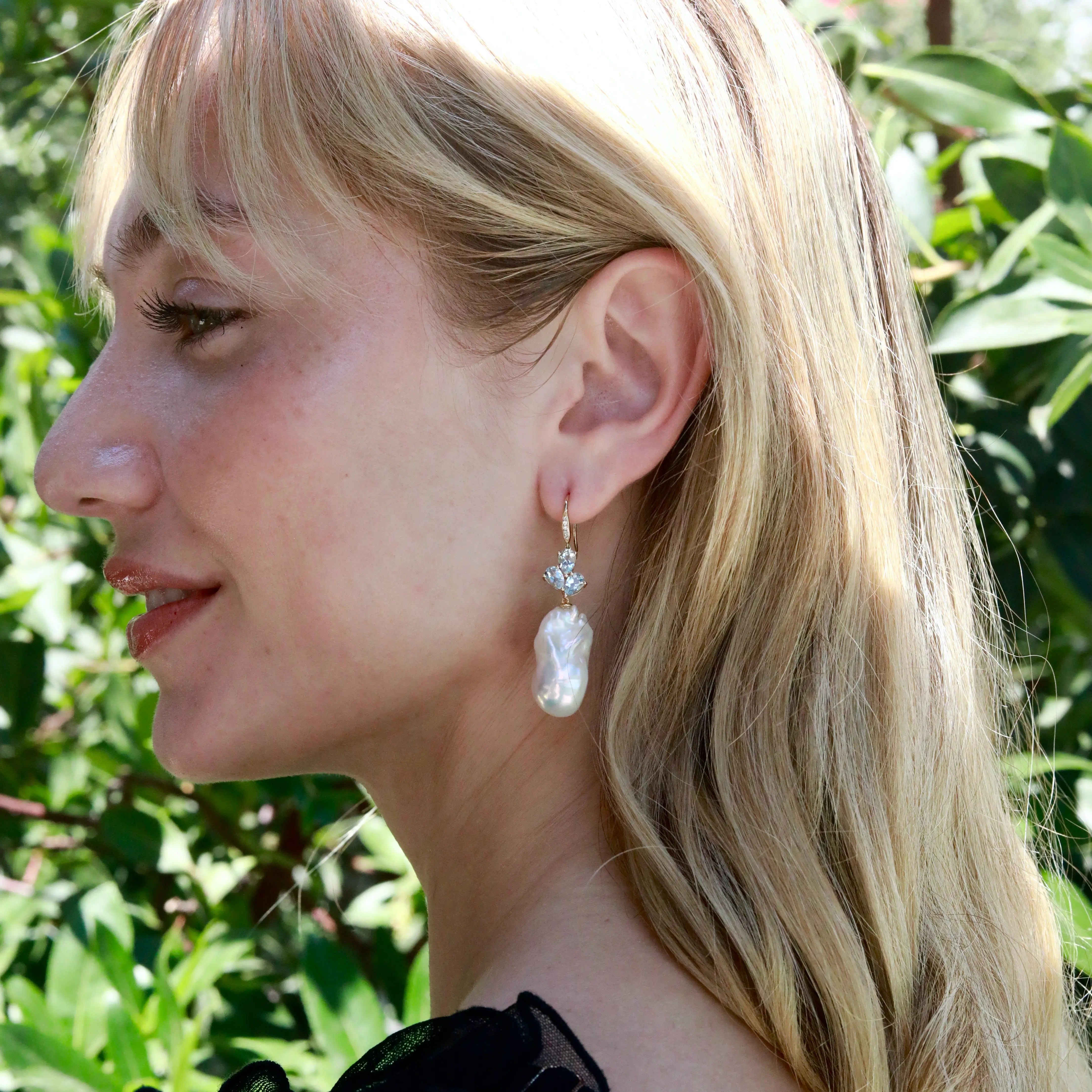 Allure Natural Aquamarine Diamond Broque Pearl Convertible Drop Earrings 14k yellow gold