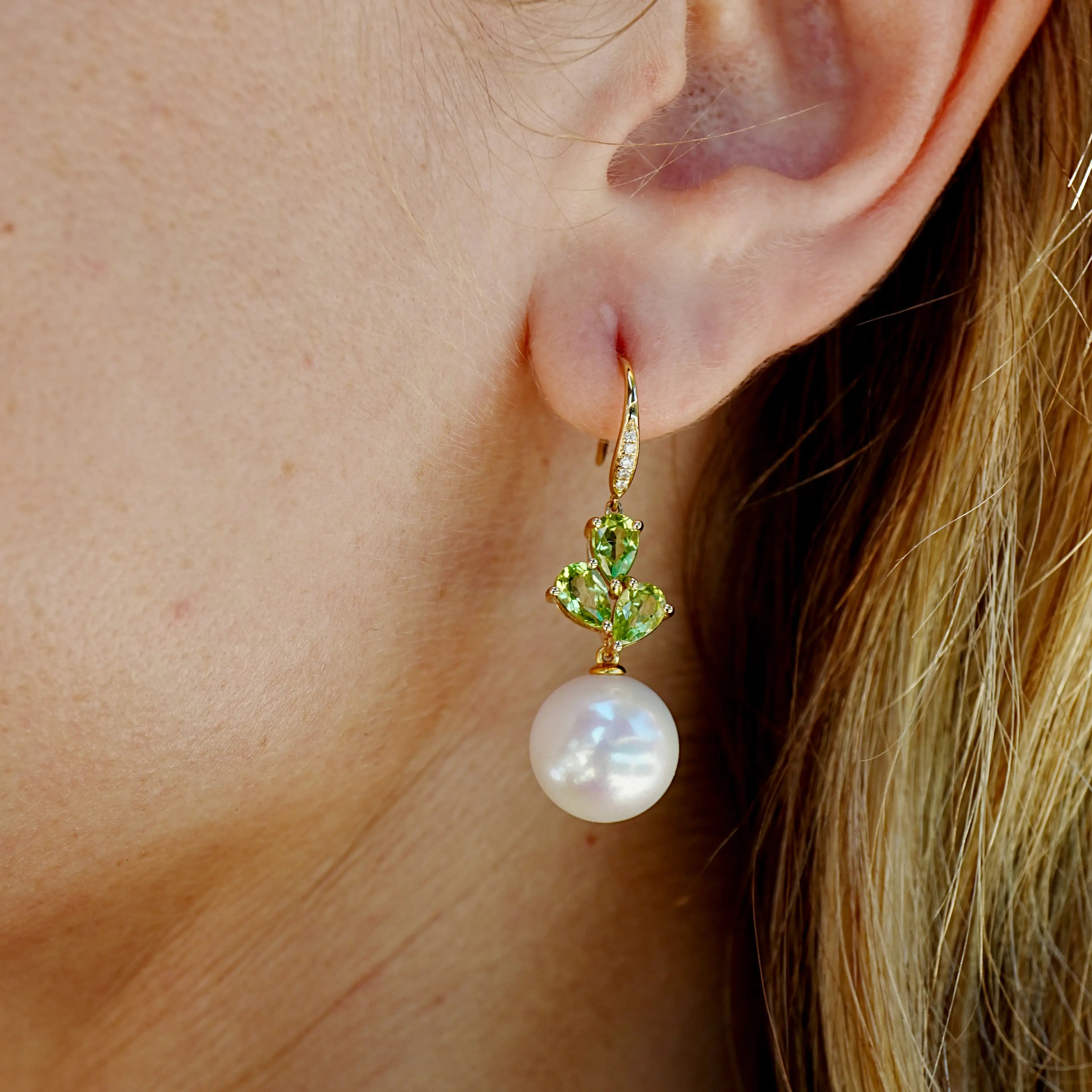 Allure Natural Peridot Diamond Cultured Round Pearl Convertible Drop Earrings 14k yellow gold