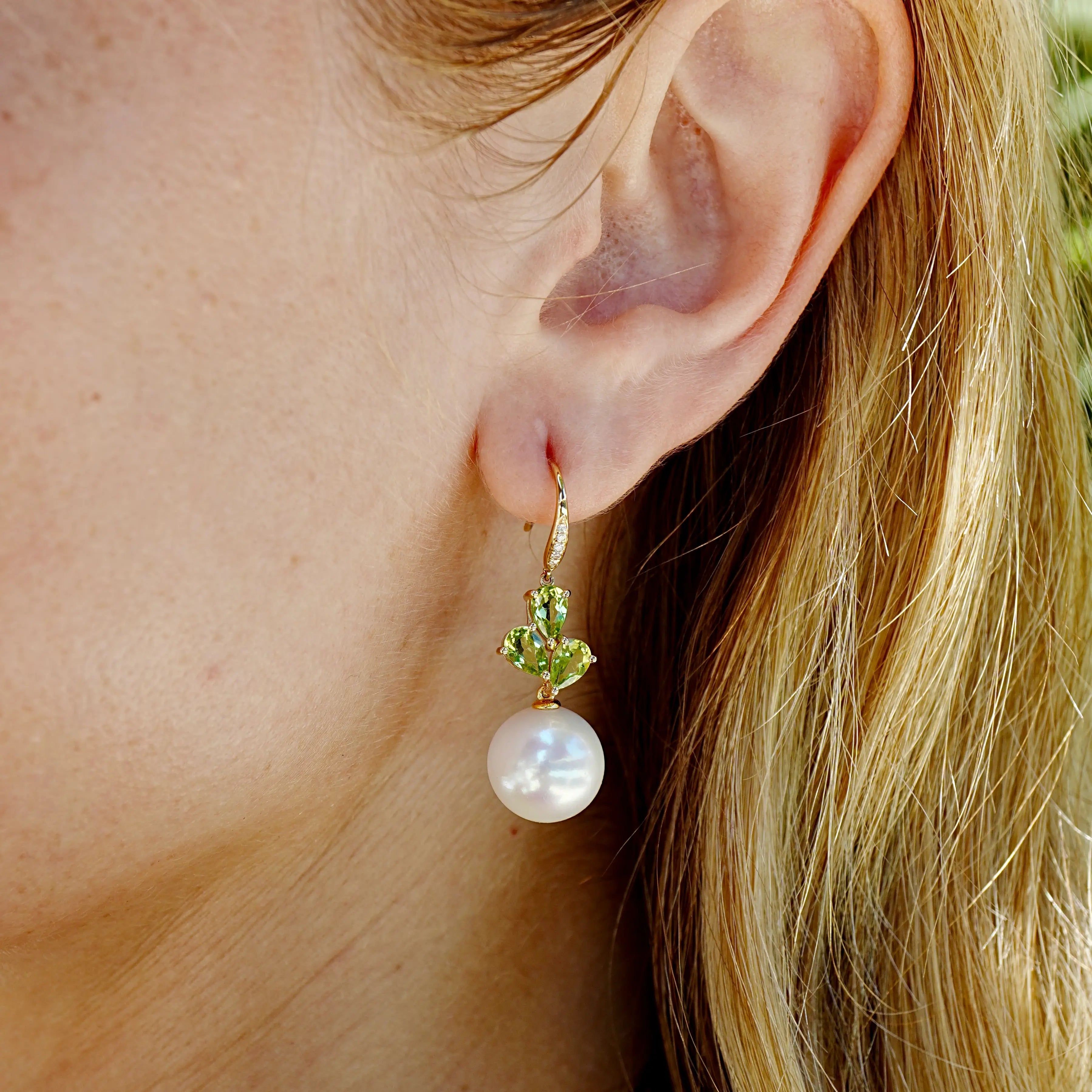 Allure Natural Peridot Diamond Cultured Round Pearl Convertible Drop Earrings 14k yellow gold
