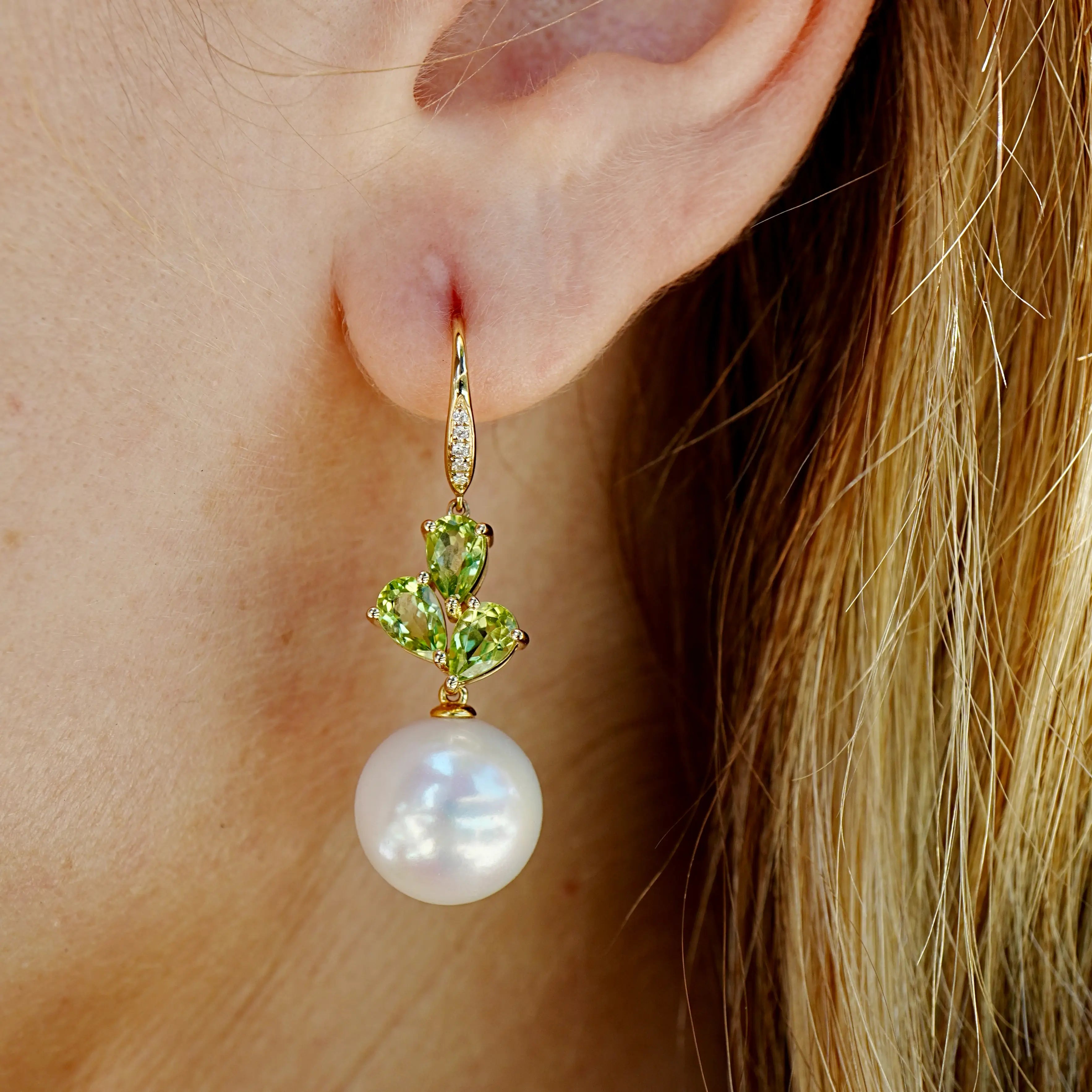 Allure Natural Peridot Diamond Cultured Round Pearl Convertible Drop Earrings 14k yellow gold
