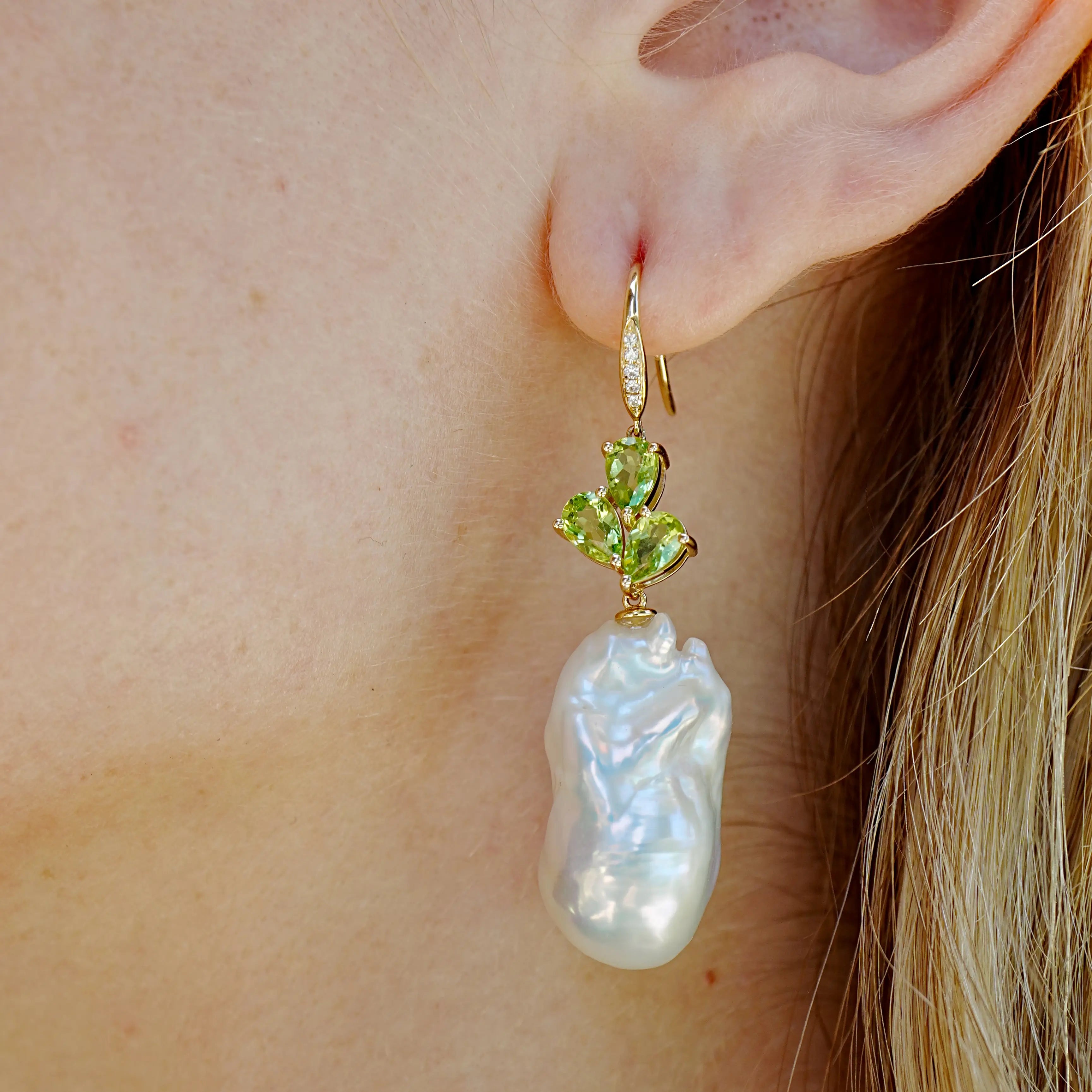 Allure Natural Peridot Diamond Broque Pearl Convertible Drop Earrings 14k yellow gold