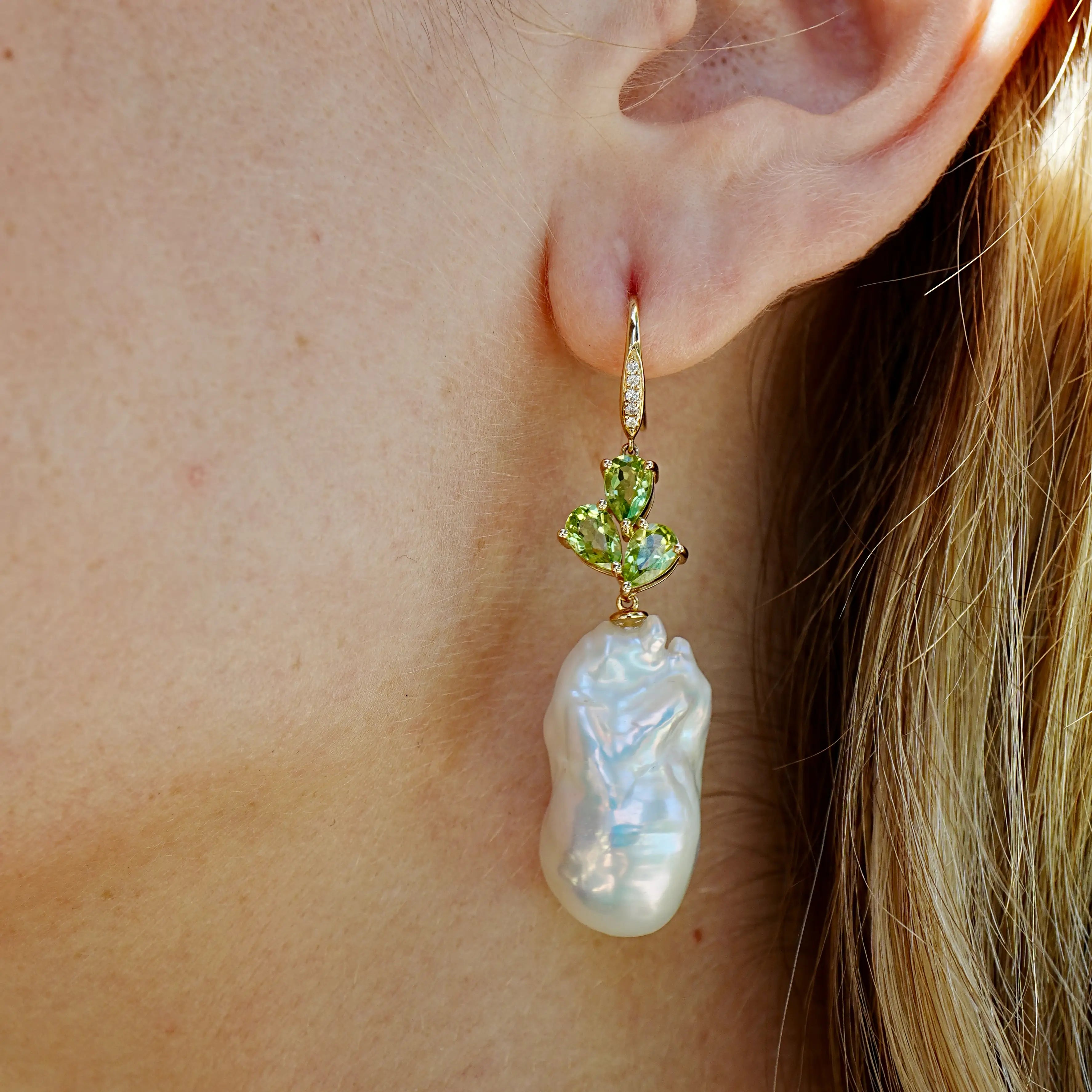 Allure Natural Peridot Diamond Broque Pearl Convertible Drop Earrings 14k yellow gold