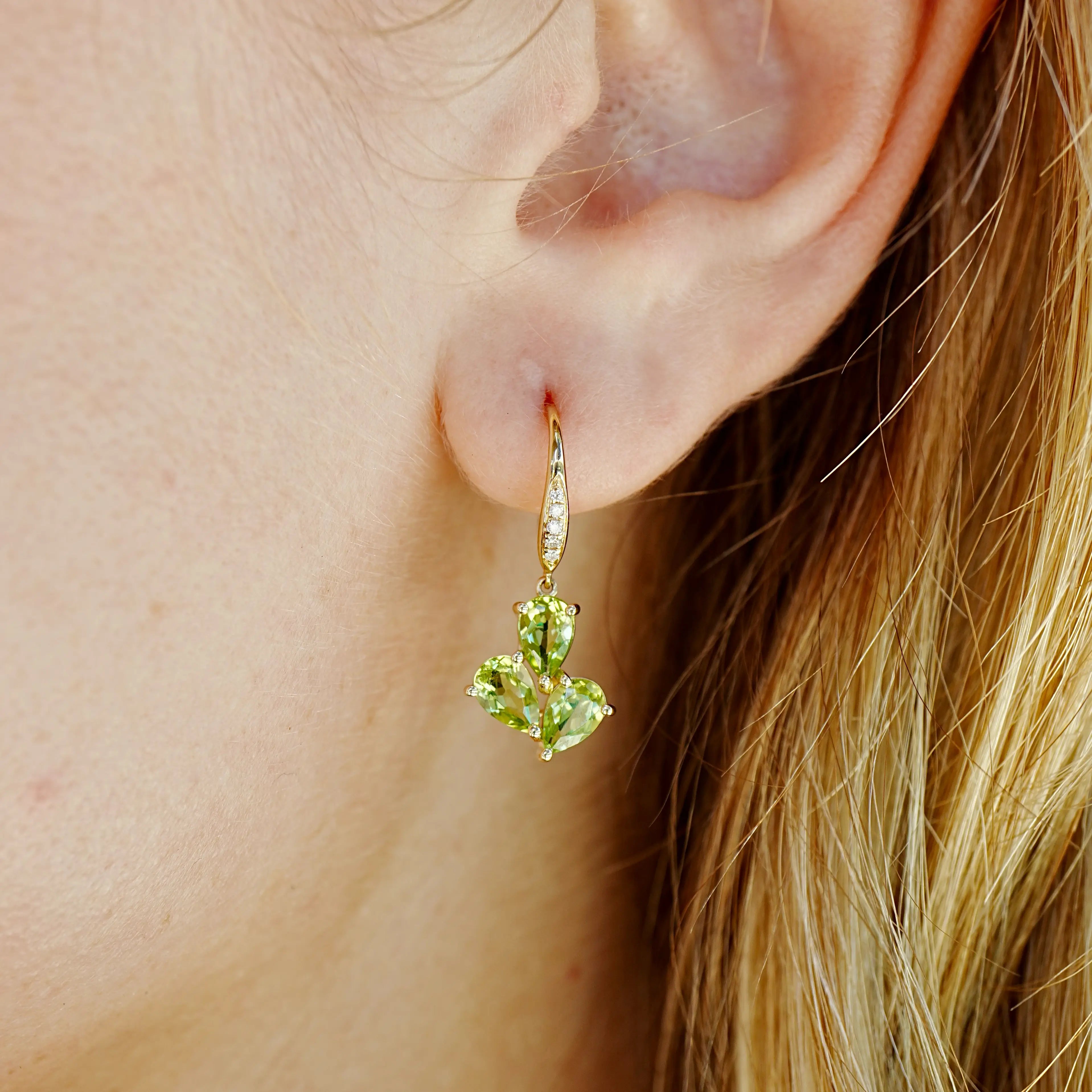 Allure Natural Peridot Diamond Drop Earrings 14k yellow gold