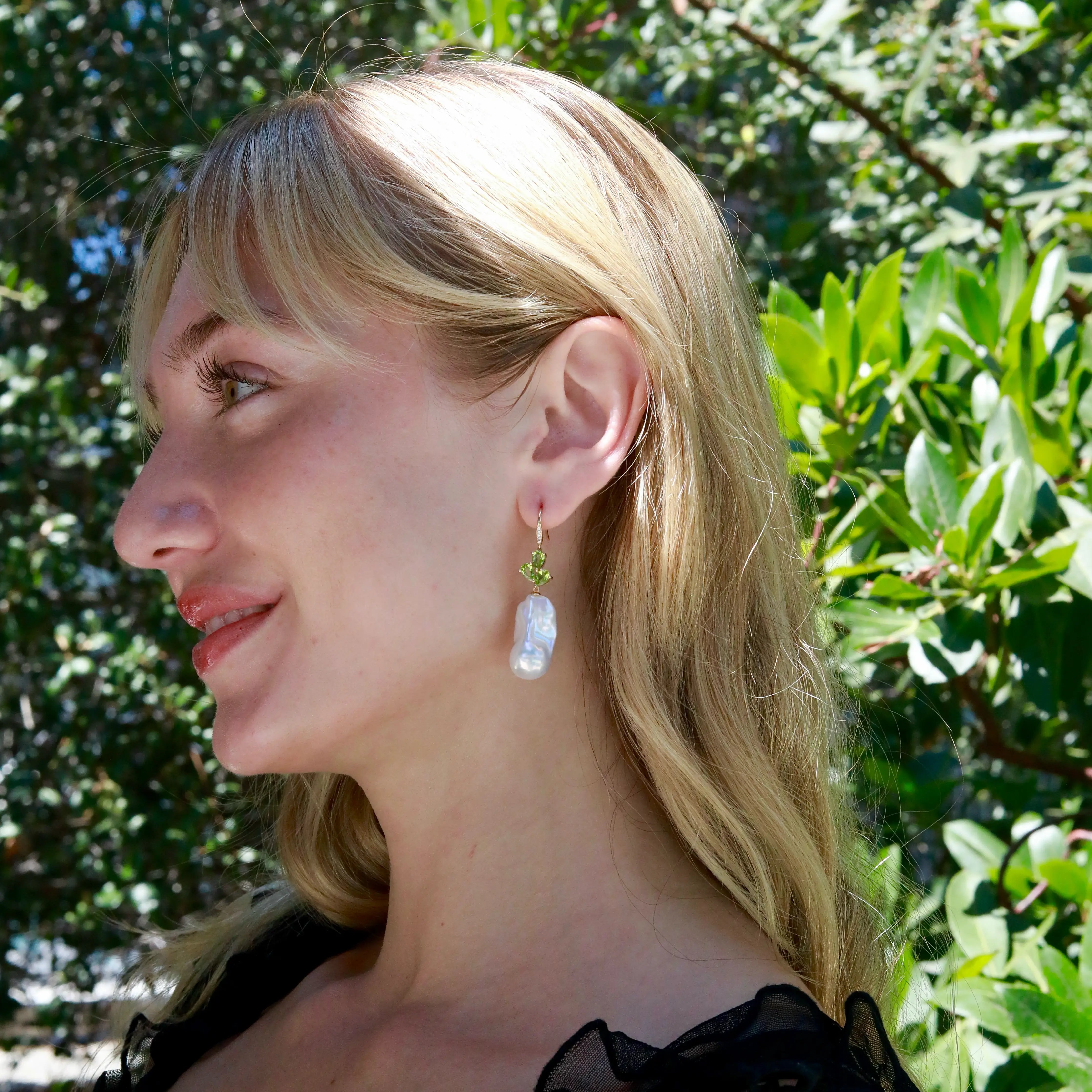Allure Natural Peridot Diamond Broque Pearl Convertible Drop Earrings 14k yellow gold