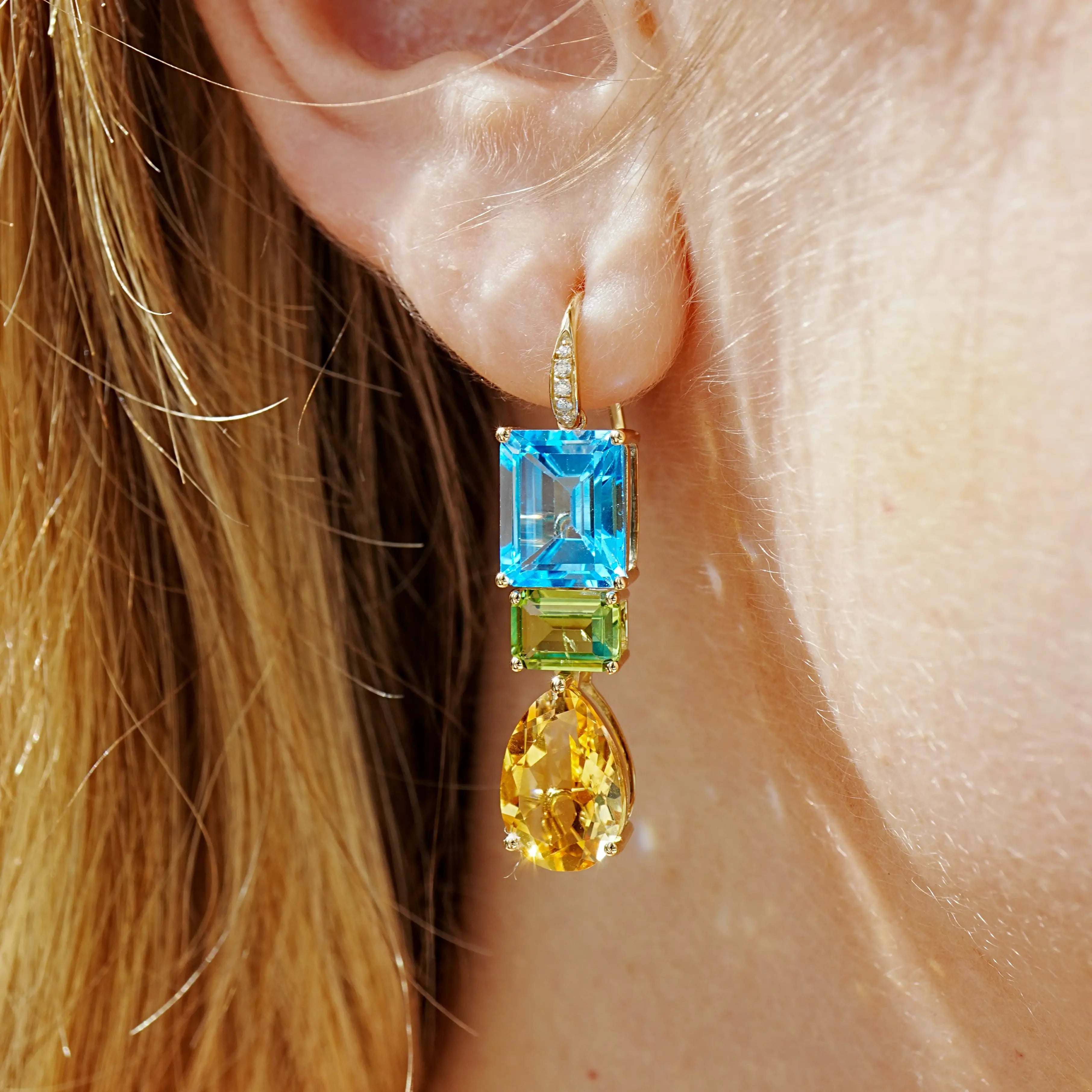 GemFusion Natural Topaz Peridot Cirtine Diamond Convertible Drop Earrings 14k yellow gold