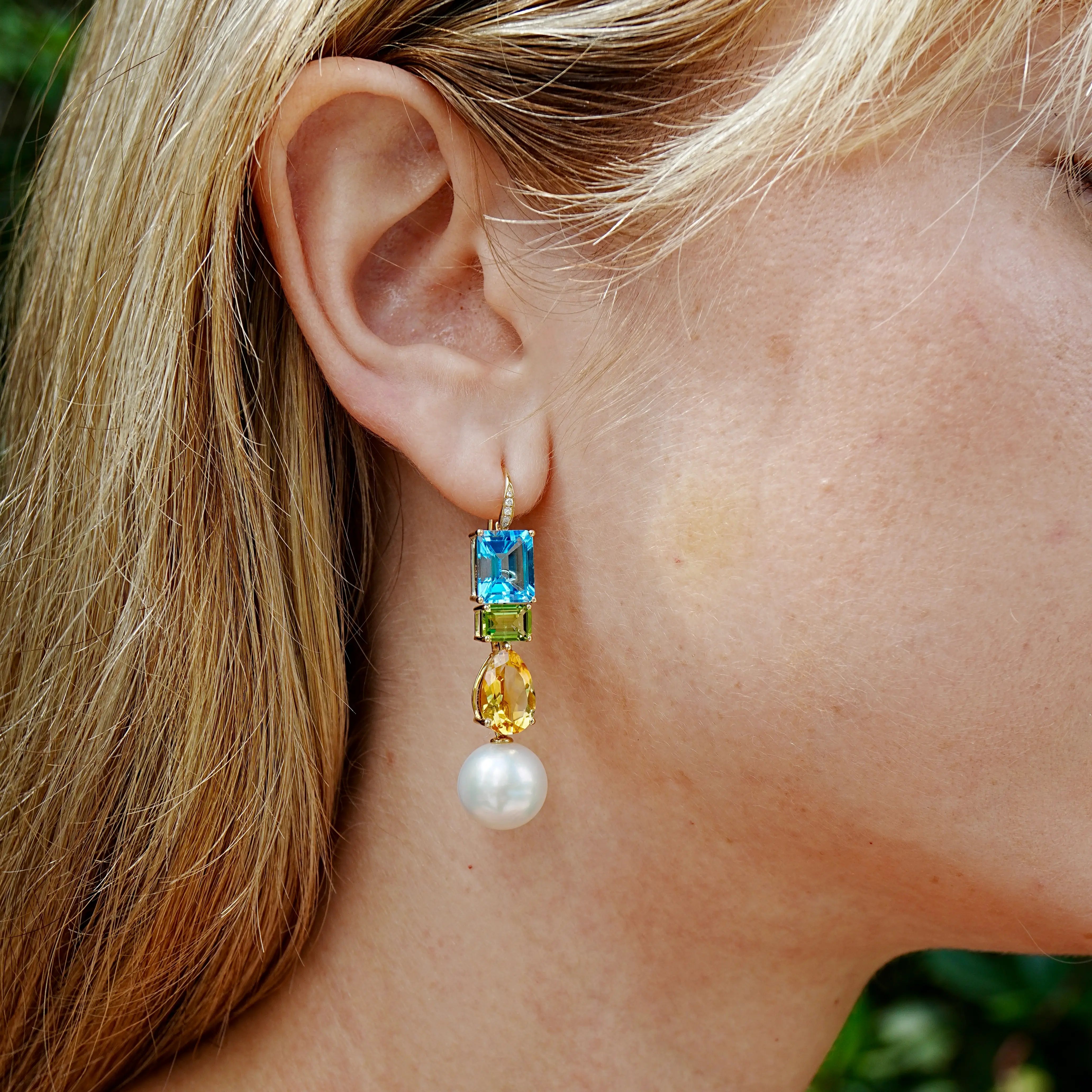 GemFusion Natural Topaz Peridot Citrine Diamond Pearl Convertible Drop Earrings 14k yellow gold