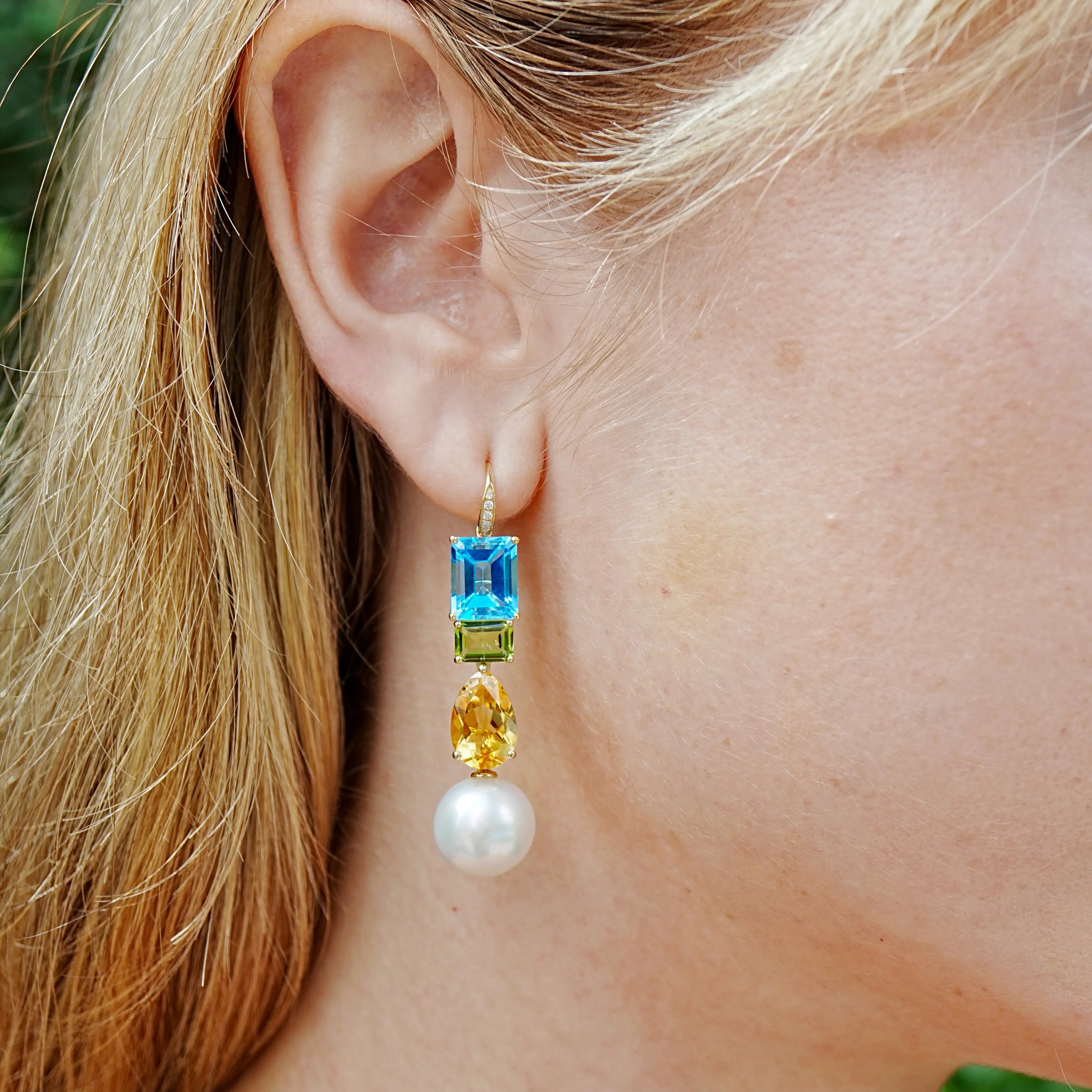 GemFusion Natural Topaz Peridot Citrine Diamond Pearl Convertible Drop Earrings 14k yellow gold