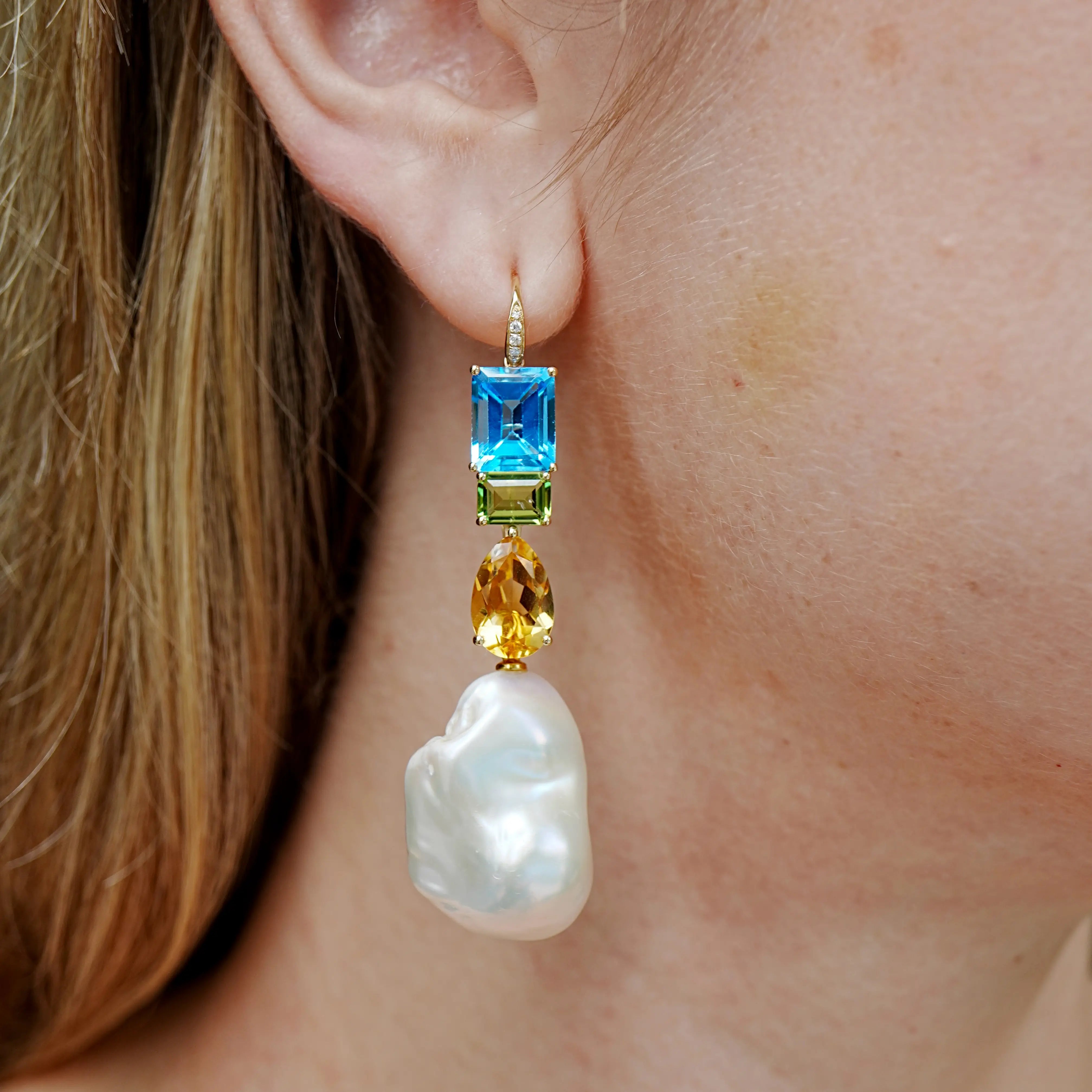 GemFusion Natura Topaz Peridot Citrine Diamond Baroque Pearl Convertible Drop Earrings 14k yellow gold