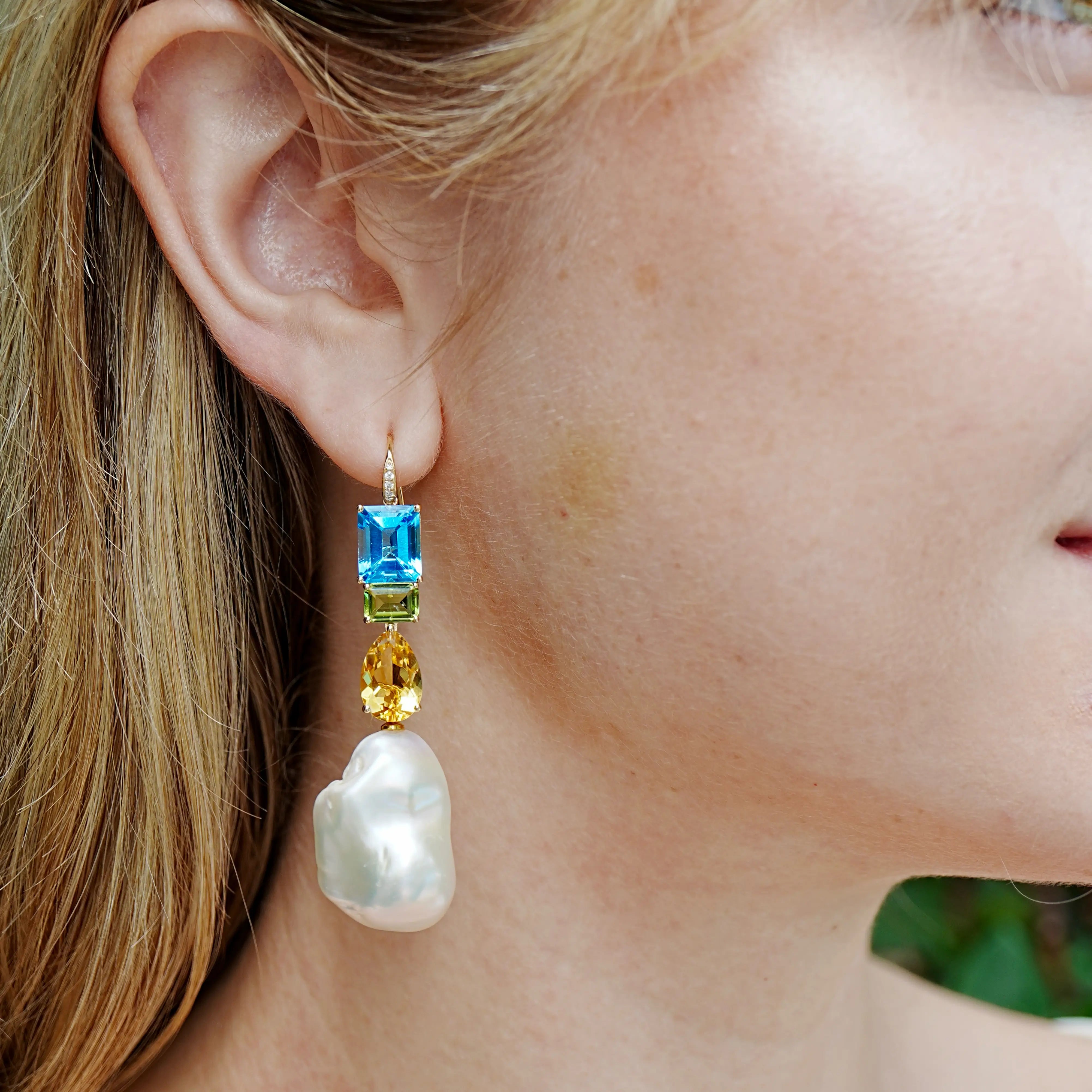 GemFusion Natura Topaz Peridot Citrine Diamond Baroque Pearl Convertible Drop Earrings 14k yellow gold