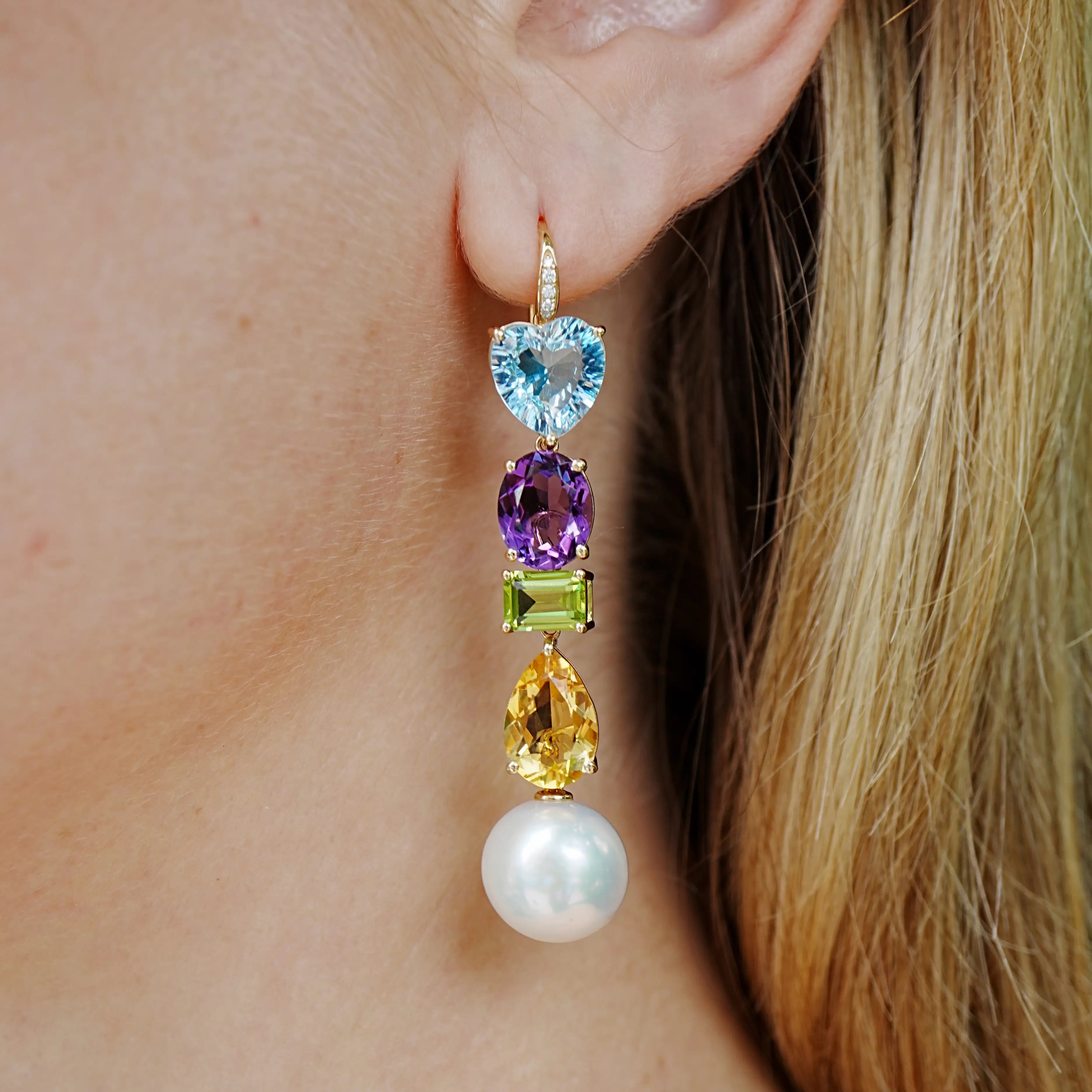 GemFusion Natural Topaz Amethyst Peridot Citrine Diamond Pearl Convertible Drop Earrings 14K yellow gold