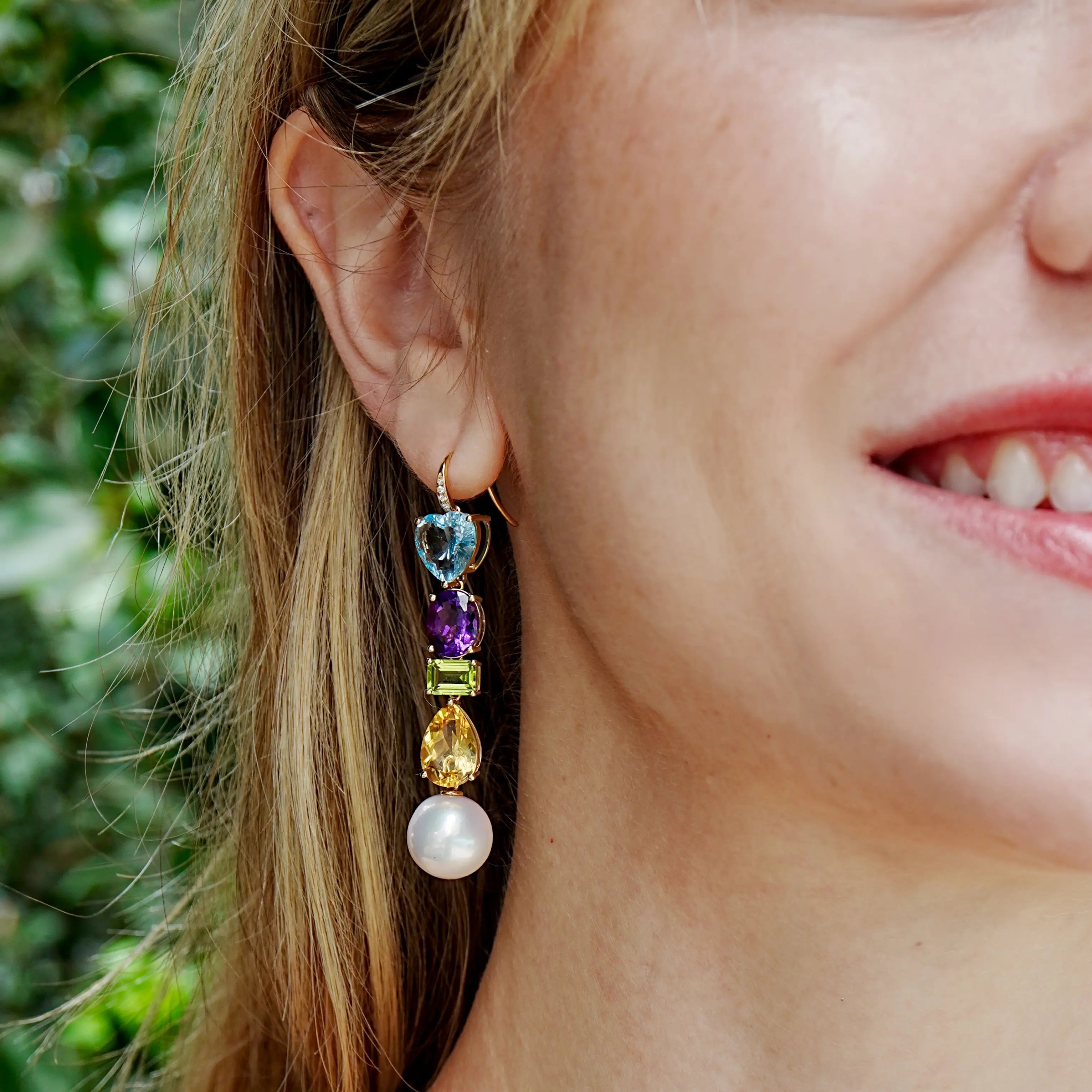 GemFusion Natural Topaz Amethyst Peridot Citrine Diamond Pearl Convertible Drop Earrings 14K yellow gold