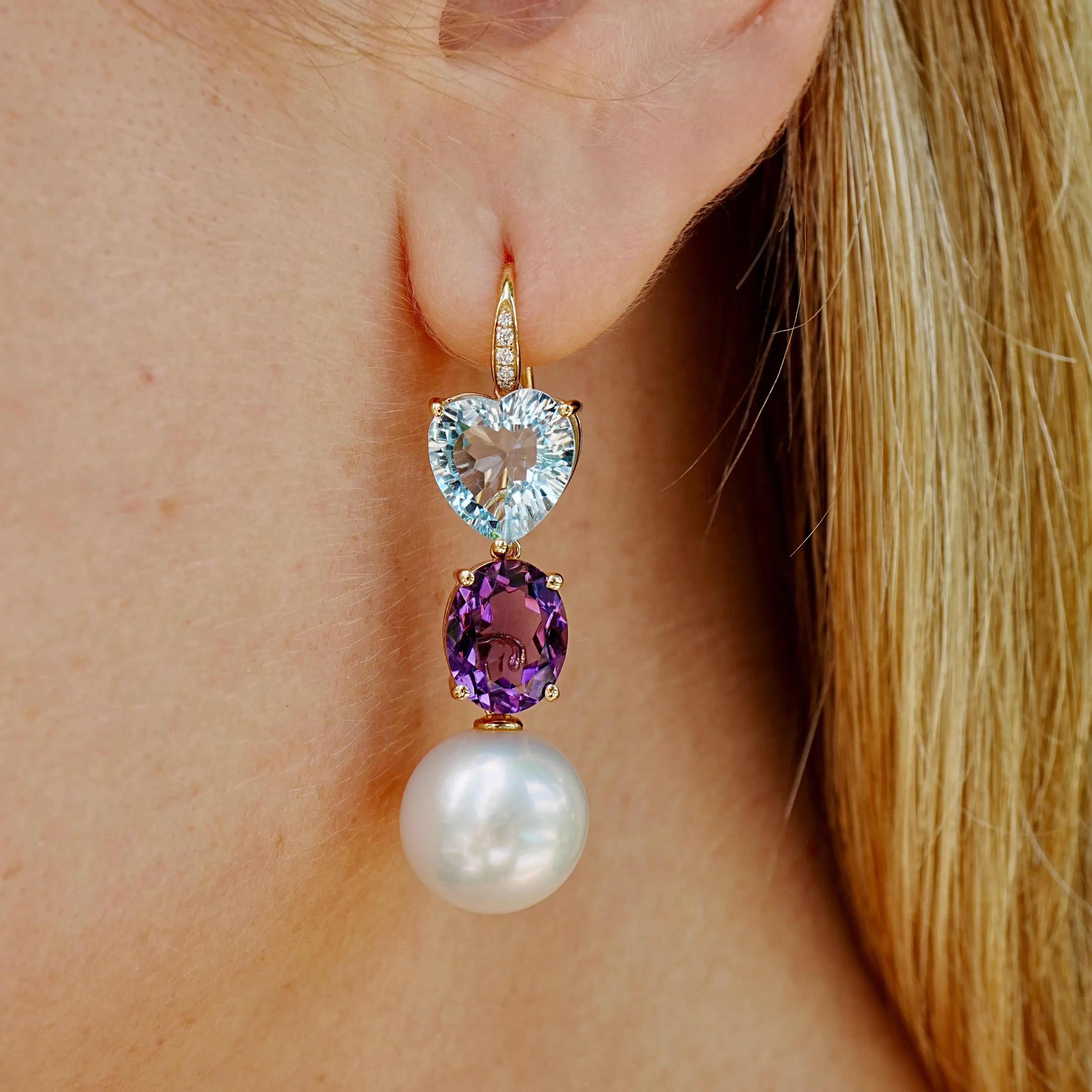 GemFusion Natural Topaz Amethyst Diamond Pearl Convertible Drop Earrings 14k yellow gold