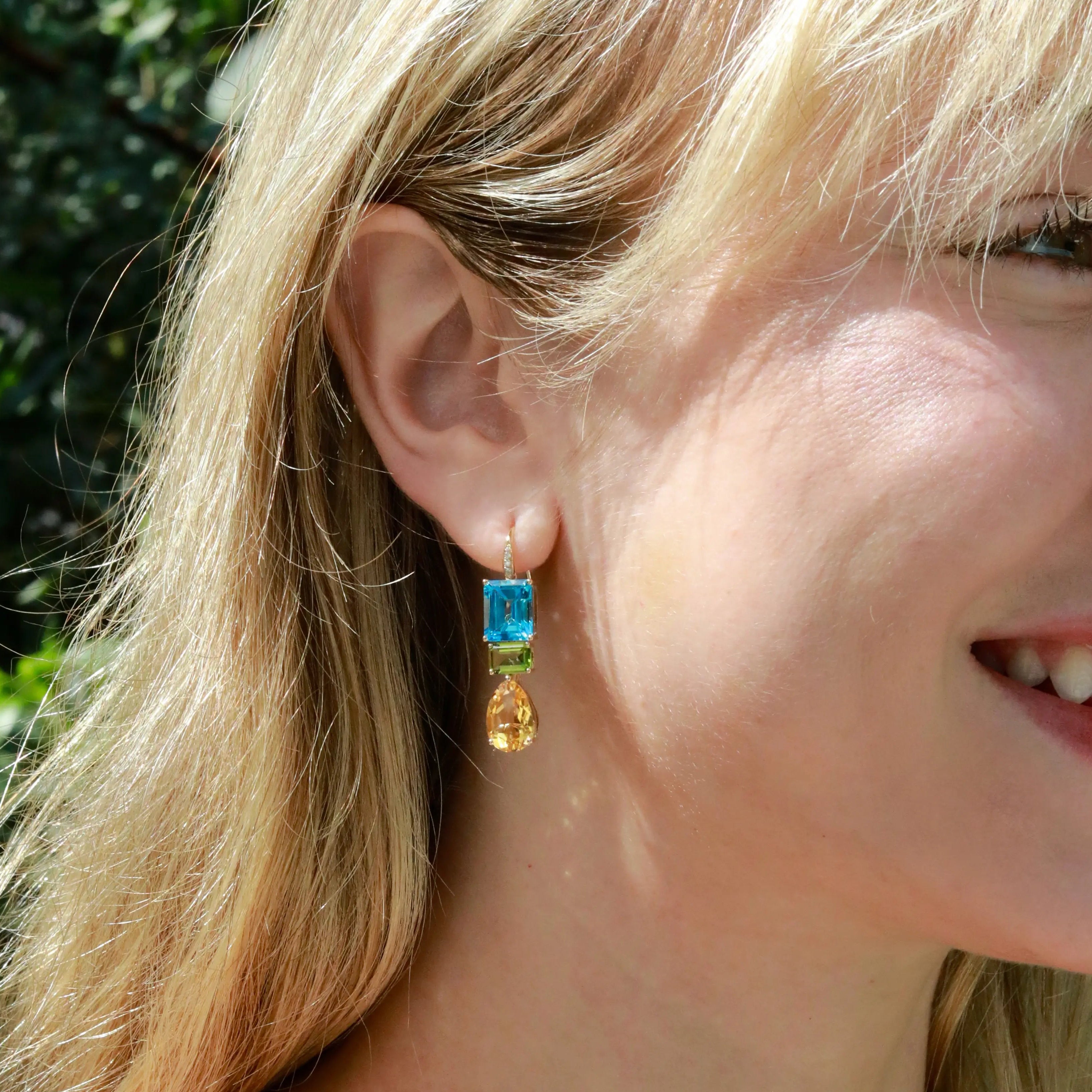 GemFusion Natural Topaz Peridot Cirtine Diamond Convertible Drop Earrings 14k yellow gold