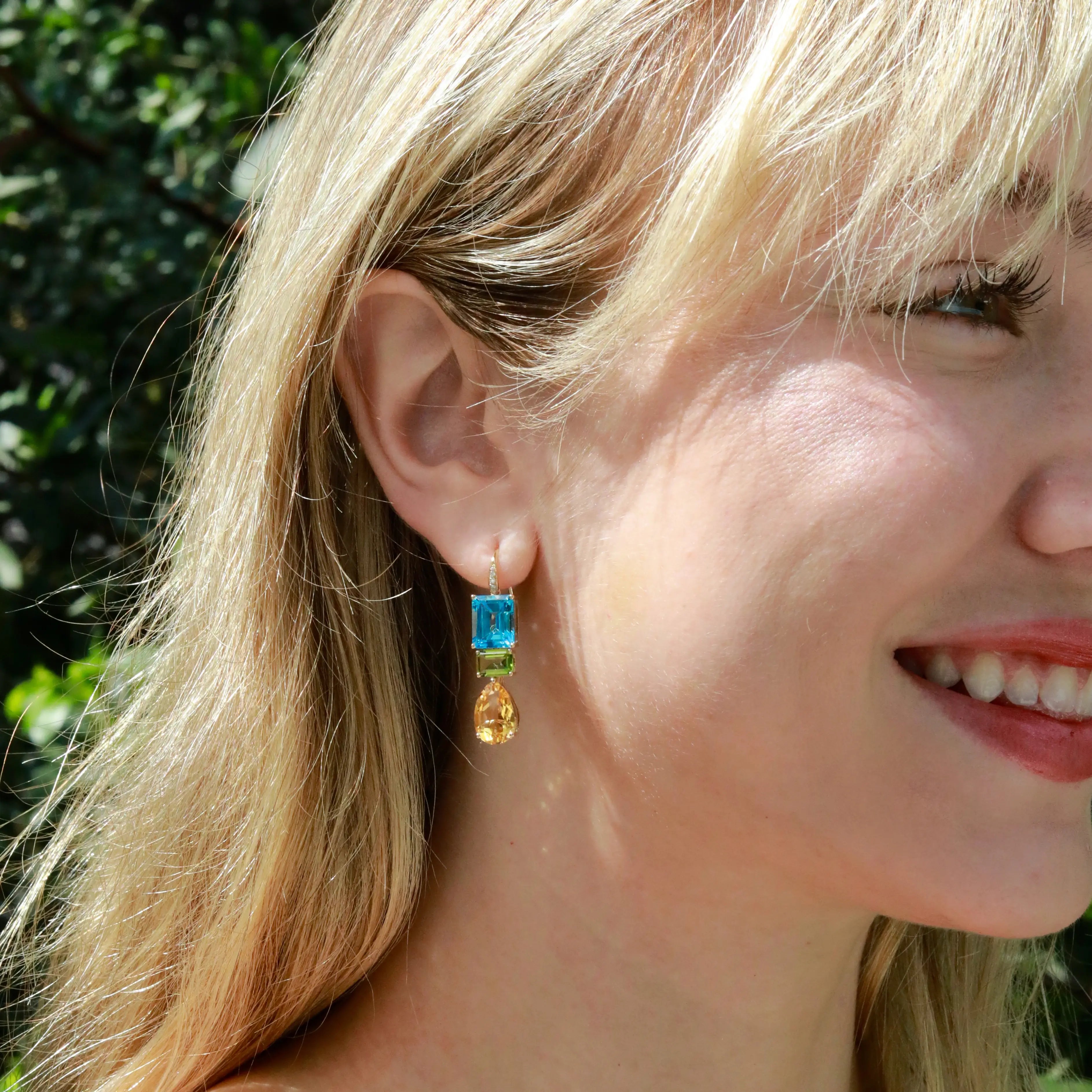 GemFusion Natural Topaz Peridot Cirtine Diamond Convertible Drop Earrings 14k yellow gold