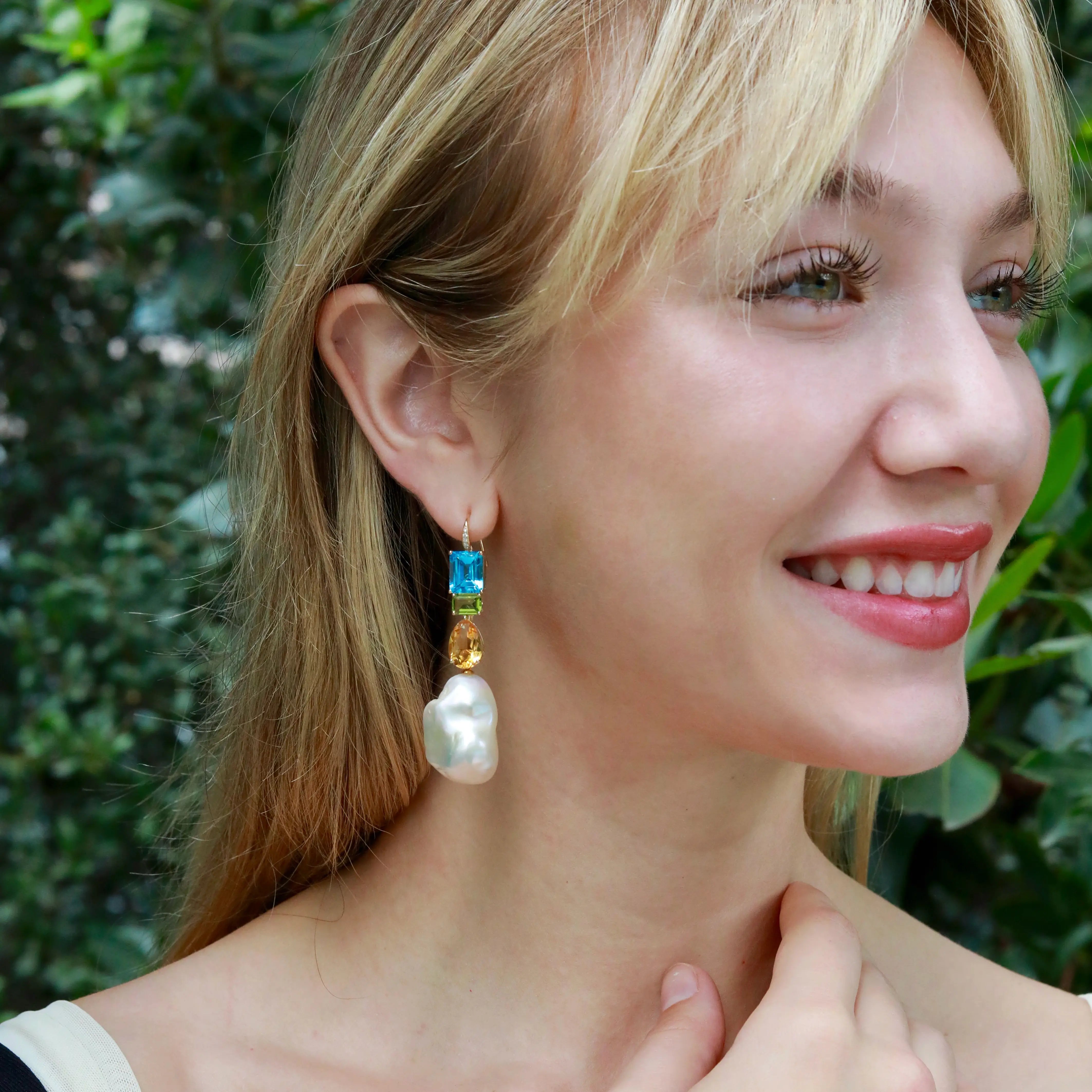 GemFusion Natura Topaz Peridot Citrine Diamond Baroque Pearl Convertible Drop Earrings 14k yellow gold