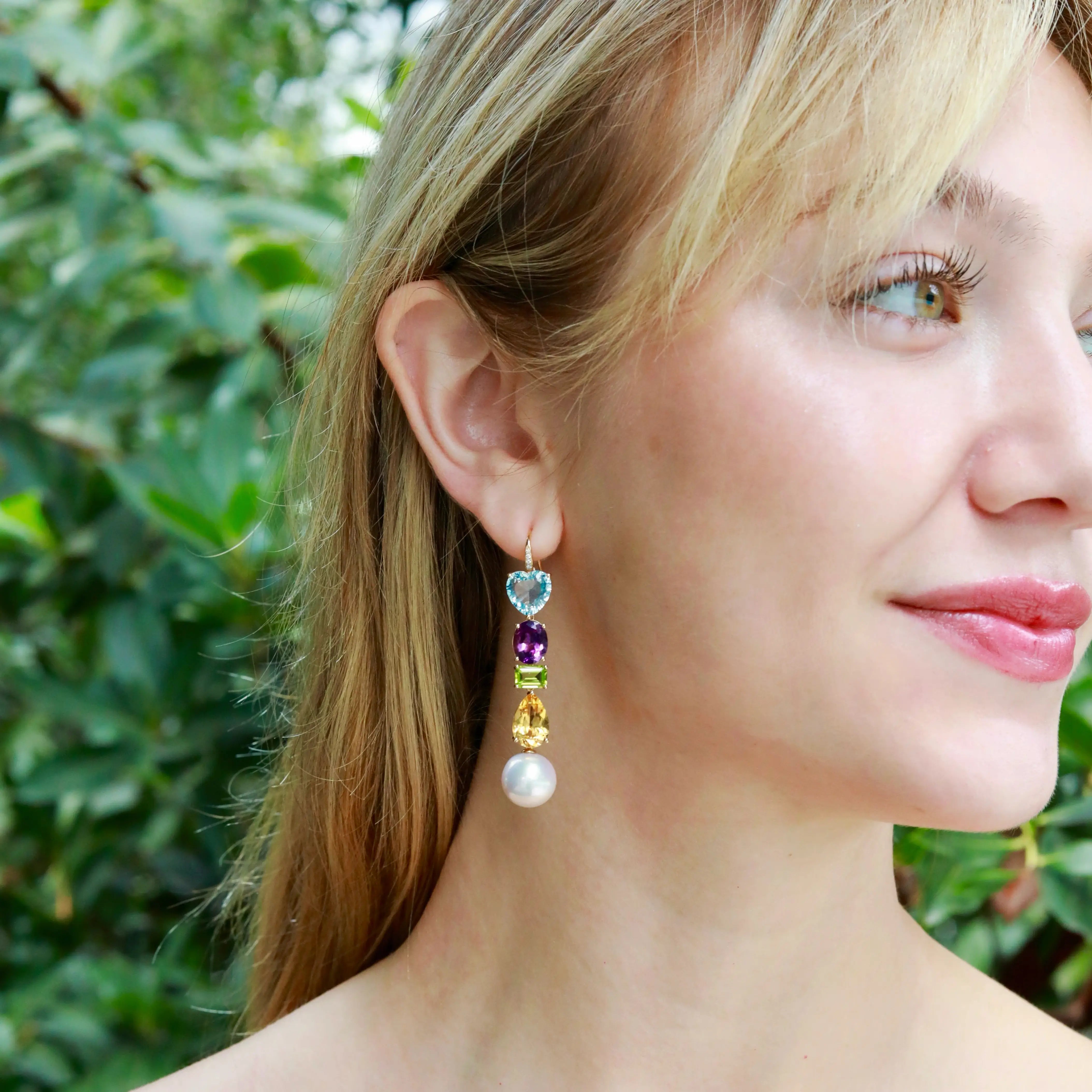 GemFusion Natural Topaz Amethyst Peridot Citrine Diamond Pearl Convertible Drop Earrings 14K yellow gold